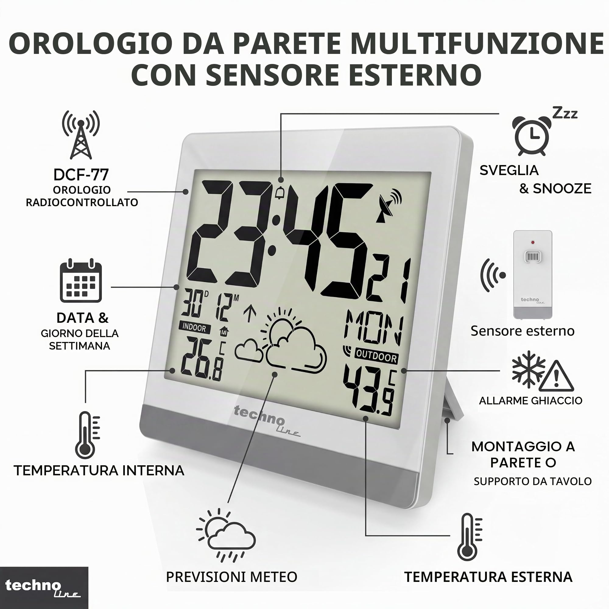 Technoline WS8119 - Orologio da parete digitale senza fili, con display della temperatura e previsioni meteo