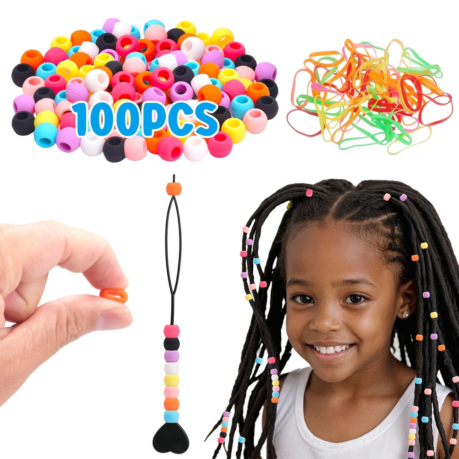 COSOOS 100 Small Silicone Hair Beads for Girls, Diameter 5mm, Colorful Soft Mini Rubber Beads for Braids, 2 Plastic Quick Beaders, 50 Elastic Rubber Bands
