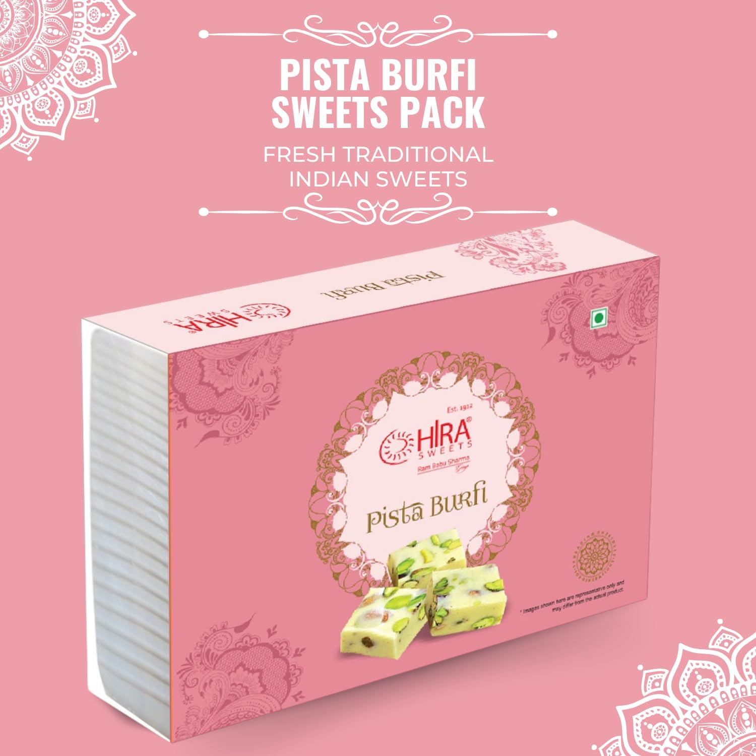 HIRA SWEETS Pista Burfi 500gm | Traditional Mithai | Barfi Sweets | Indian Mithai Gift Pack | Made With Pure Desi Ghee Finest Pistachios | Indian Sweets | Festive Sweet Gift Box 4