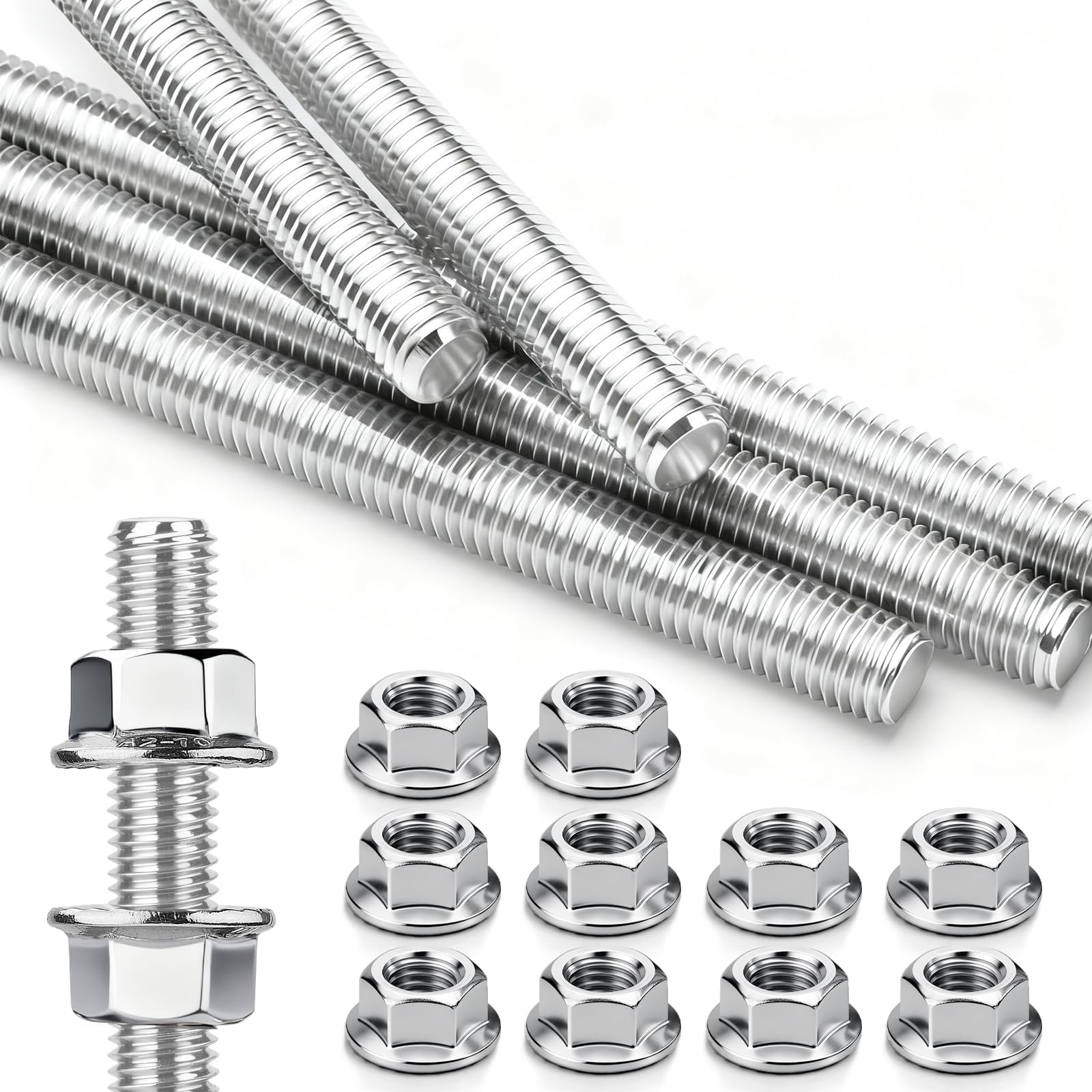 Varilla roscada M10 x 300 mm, 5 unidades de varillas roscadas DIN976, varilla roscada M10, acero inoxidable A2 V2A, rosca completa, varillas roscadas con 10 tuercas hexagonales para
