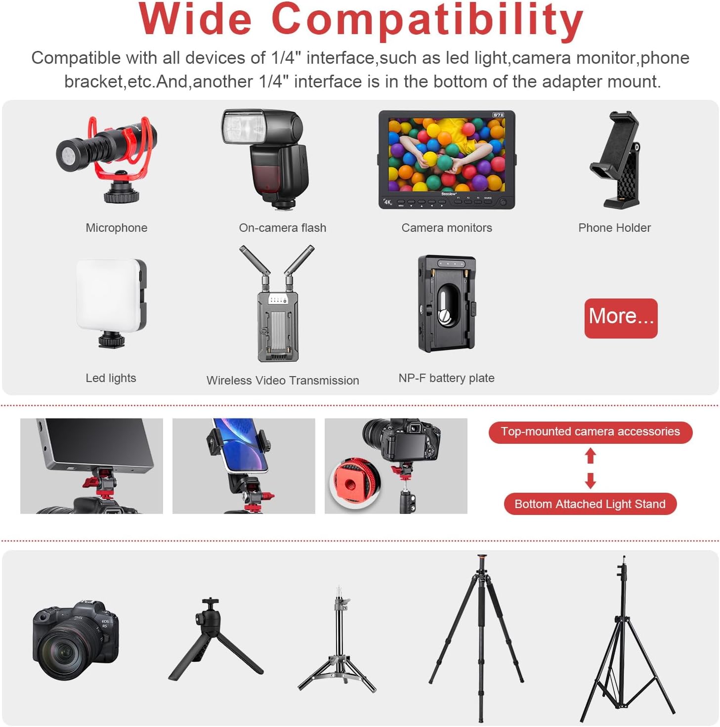 FOMITO Metal Camera Monitor Mount with 1/4" Serew and Cold Shoe, Rotary Adapter 360° Swivel Universal for Flash Speedlite, Field Monitor, LED Video Light, Microphone,etc - Red Color - Image 3