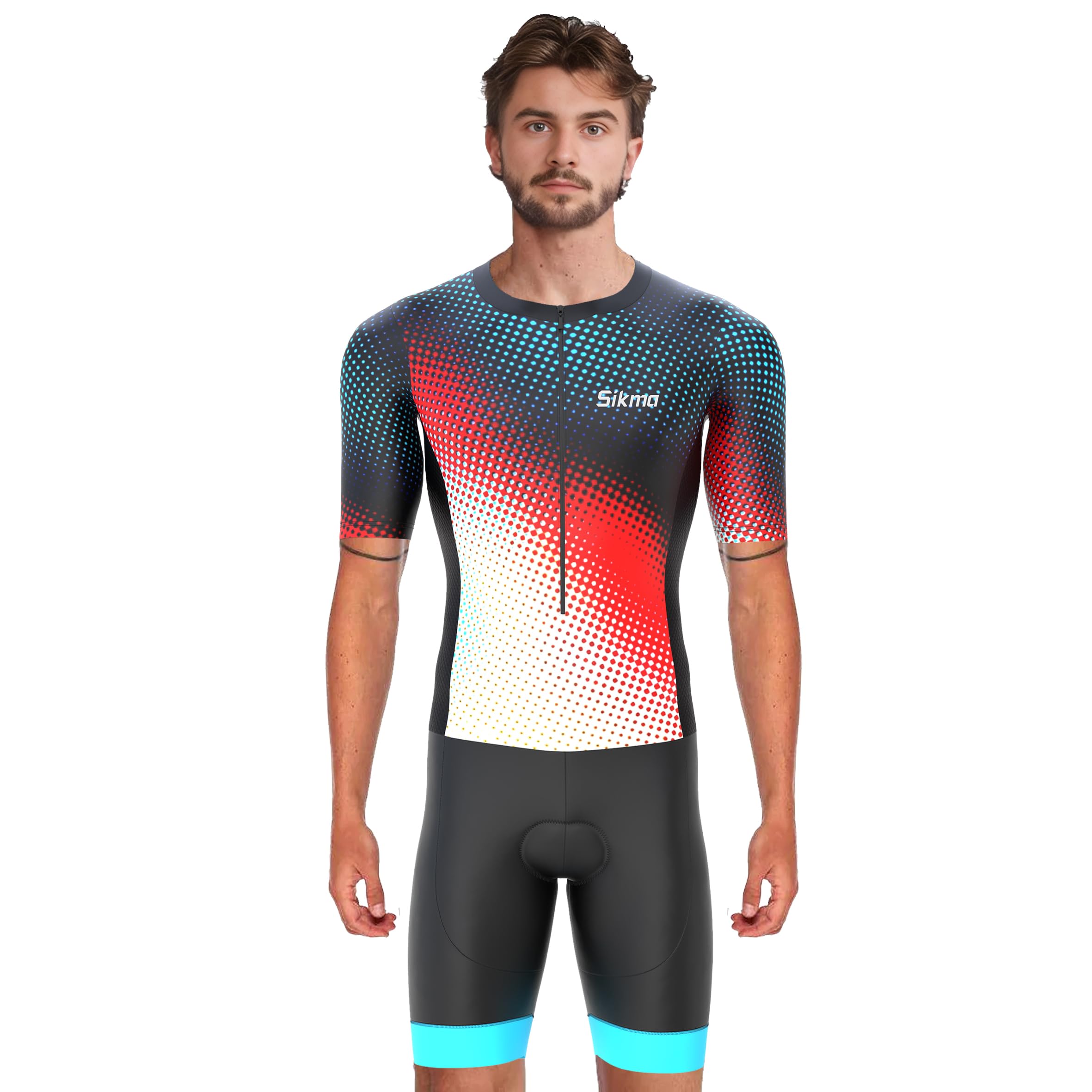 Sikma Combinaison de triathlon à manches mi-longues pour homme en maille respirante rembourrée avec réflexion haute visibilité, une poche arrière et bande élastique pour les jambes