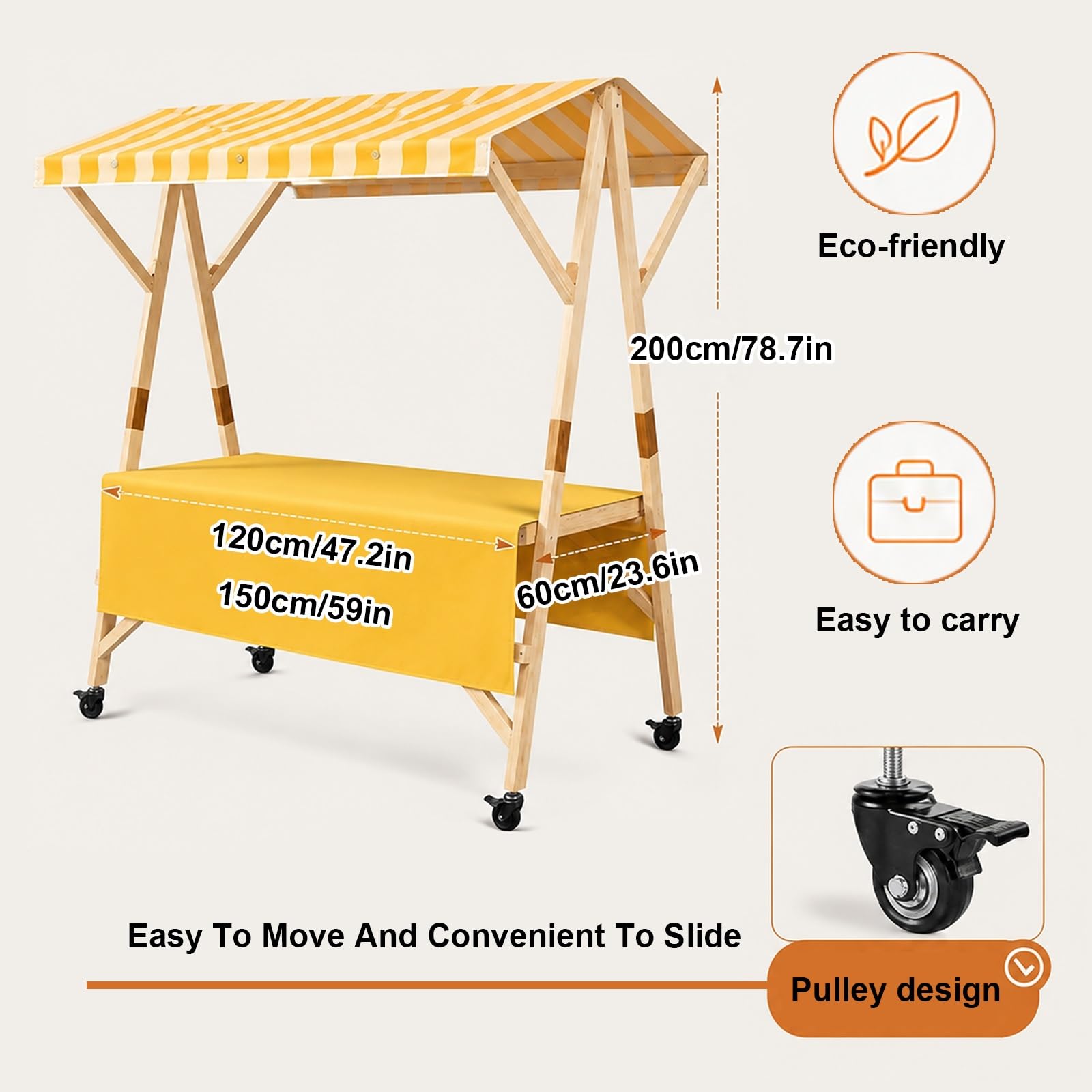 Carrito De Comida Plegable con Toldo, Carrito De Venta para Exteriores con Ruedas, Expositor Portátil, Puesto Comercial para Mercados, Ferias Y Venta Ambulante(Yellow,120cm/47.2in)