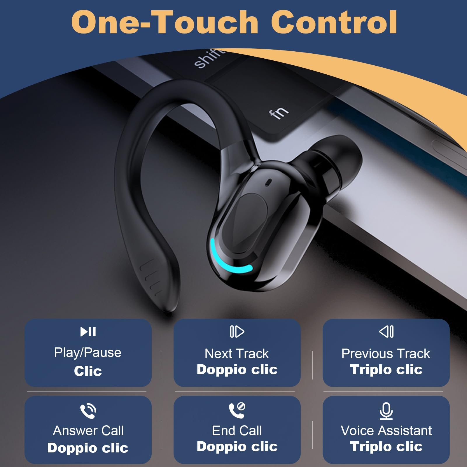 Auricolare Bluetooth V5.2 Singolo Senza Fili con Integrato Microfono Cuffie Mono Wireless Riduzione Rumore Sportivo Lungo Raggio HD Chiamata 20 Riproduzione per iPhone Android PC con Cavo di Ricarica