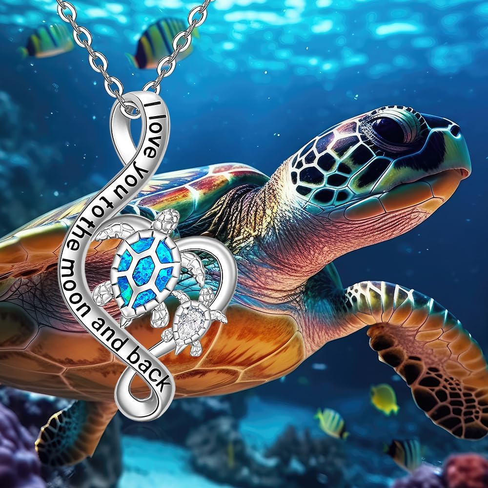 Fenthring Turtle Necklace Blue Opal Sea Turtle Necklaces for Women Mom Pendant Topaz Sterling Silver Infinity Heart Mother Daughter Wave Mothers Day Gifts - Image 7