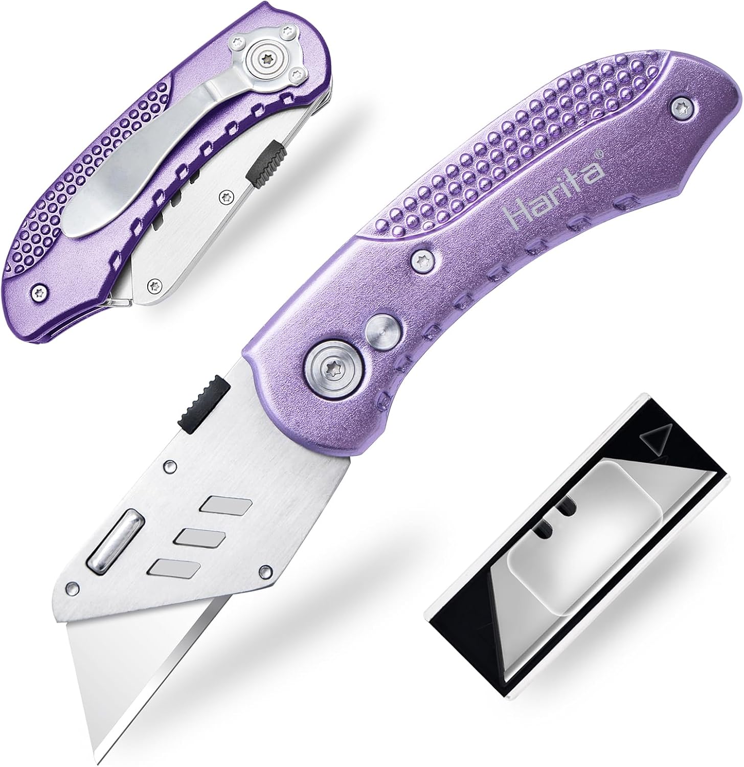 Harita Utility Knife Box Cutter Quick Change Blades, Back-lock Mechanism, Portable Belt Clip, with 5-piece Extra Blades, Purple