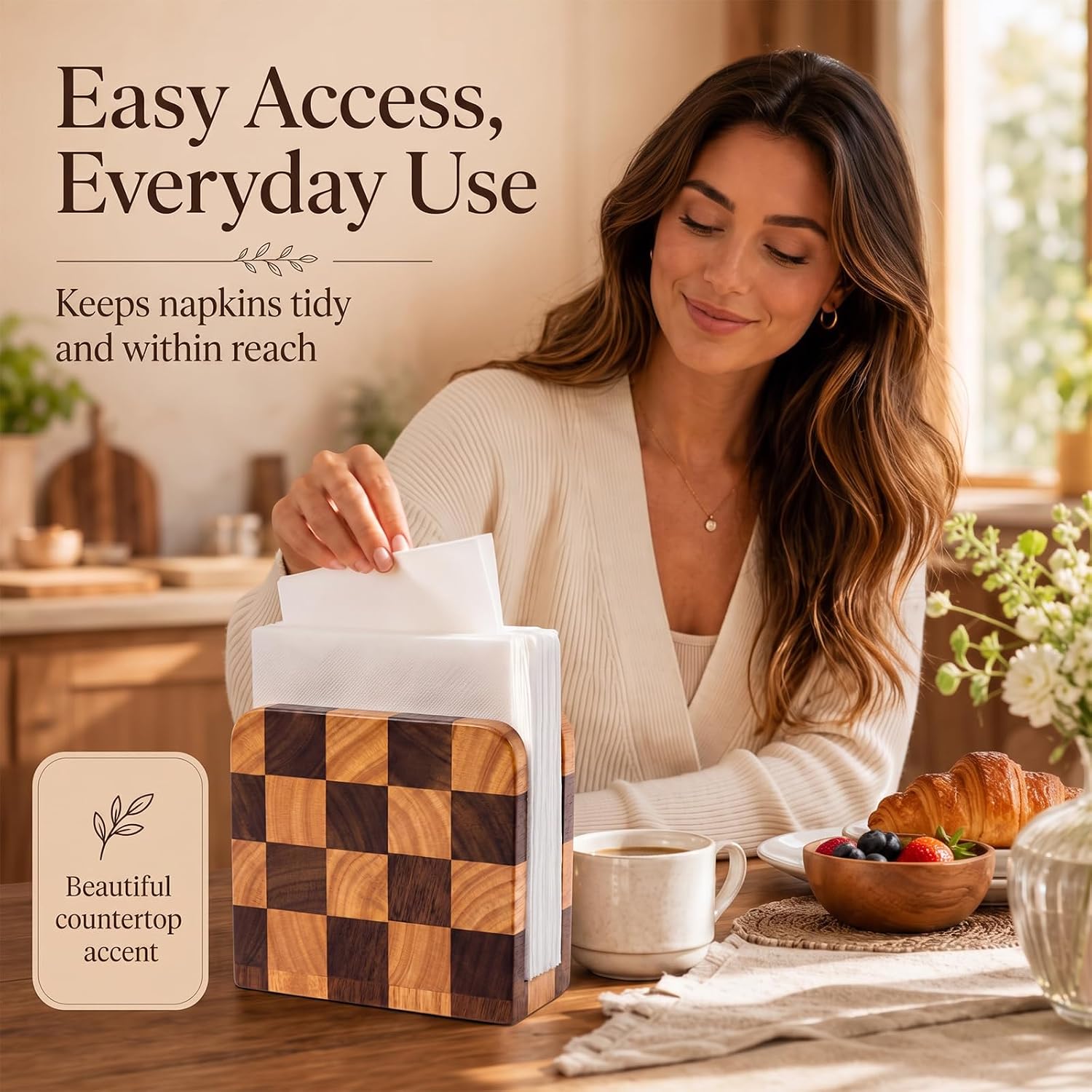 Mifoci Acacia Wood Napkin Holder for Table, Checkered Wooden Upright Napkin Holders for Kitchen, Farmhouse Vertical Paper Towel Stand for Kitchen Dining Room Party Cocktail Outdoor Use