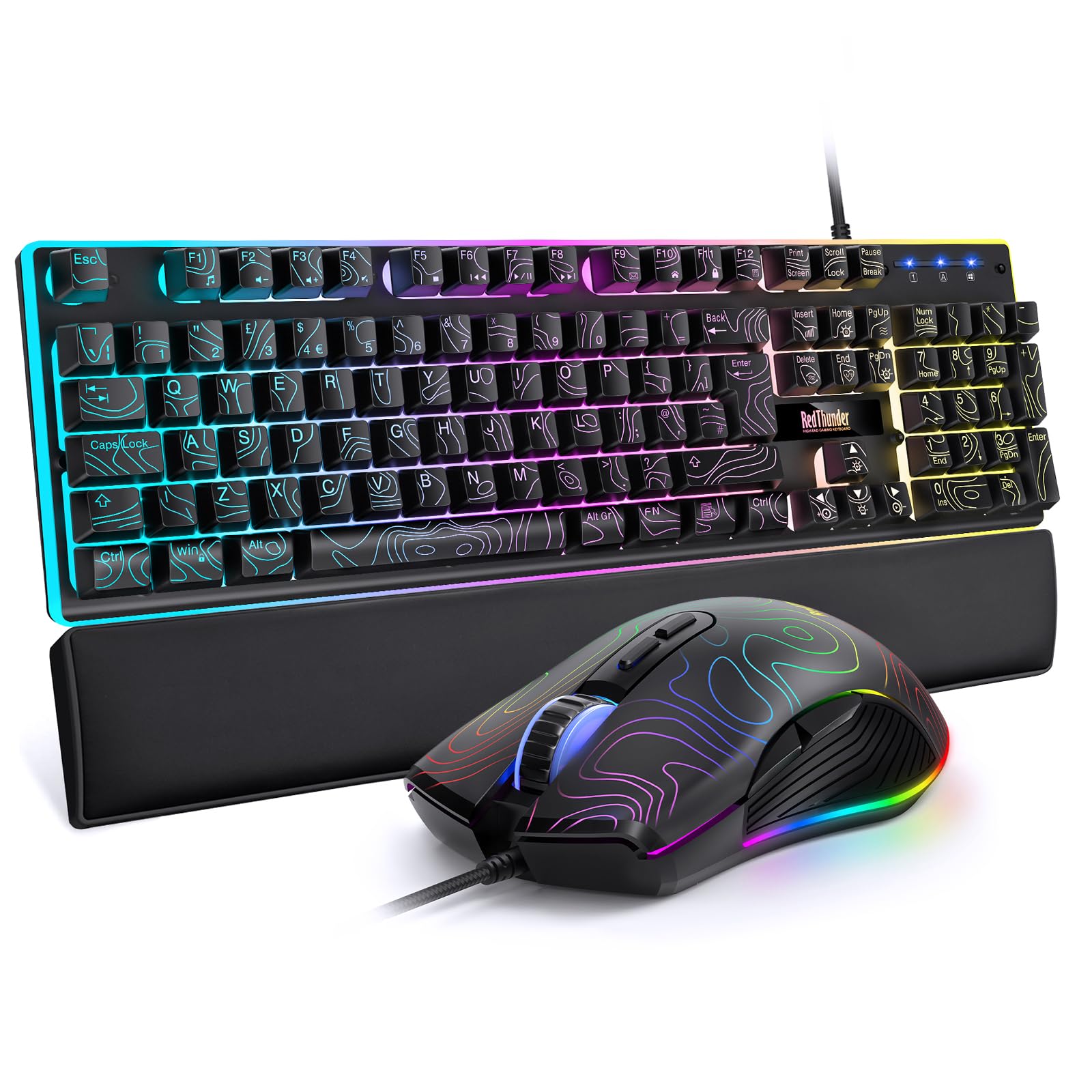RedThunder K10 Wired Gaming Keyboard and Mouse Combo, UK Layout, True RGB Backlight, Soft Leather Wrist Rest, Mechanical Feel Ergonomic Anti-Ghosting Keyboard + 7D 7200 DPI Mouse for PC Mac (Black) — view 8