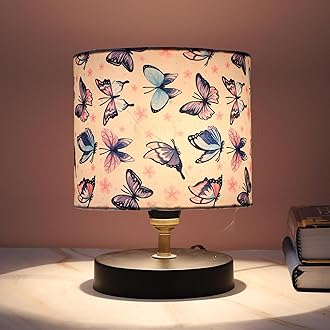 Black Metal Table Lamp with Butterfly Print Satin Shade | Decorative Bedside & Study Desk Lamp for Bedroom, Living Room, Office & Home Décor