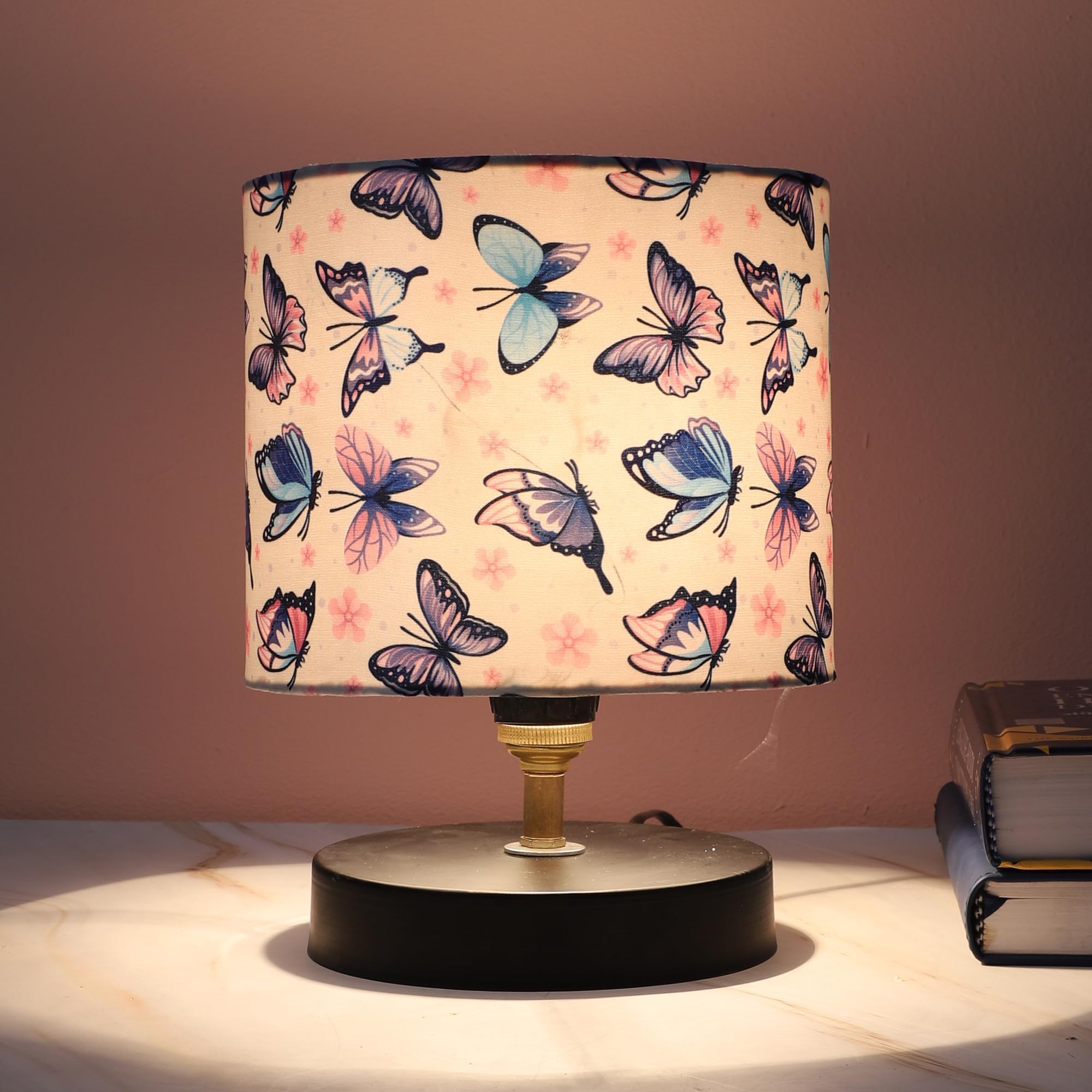 tu casa Black Metal Table Lamp with Butterfly Print Satin Shade | Decorative Bedside & Study Desk Lamp for Bedroom, Living Room, Office & Home Décor