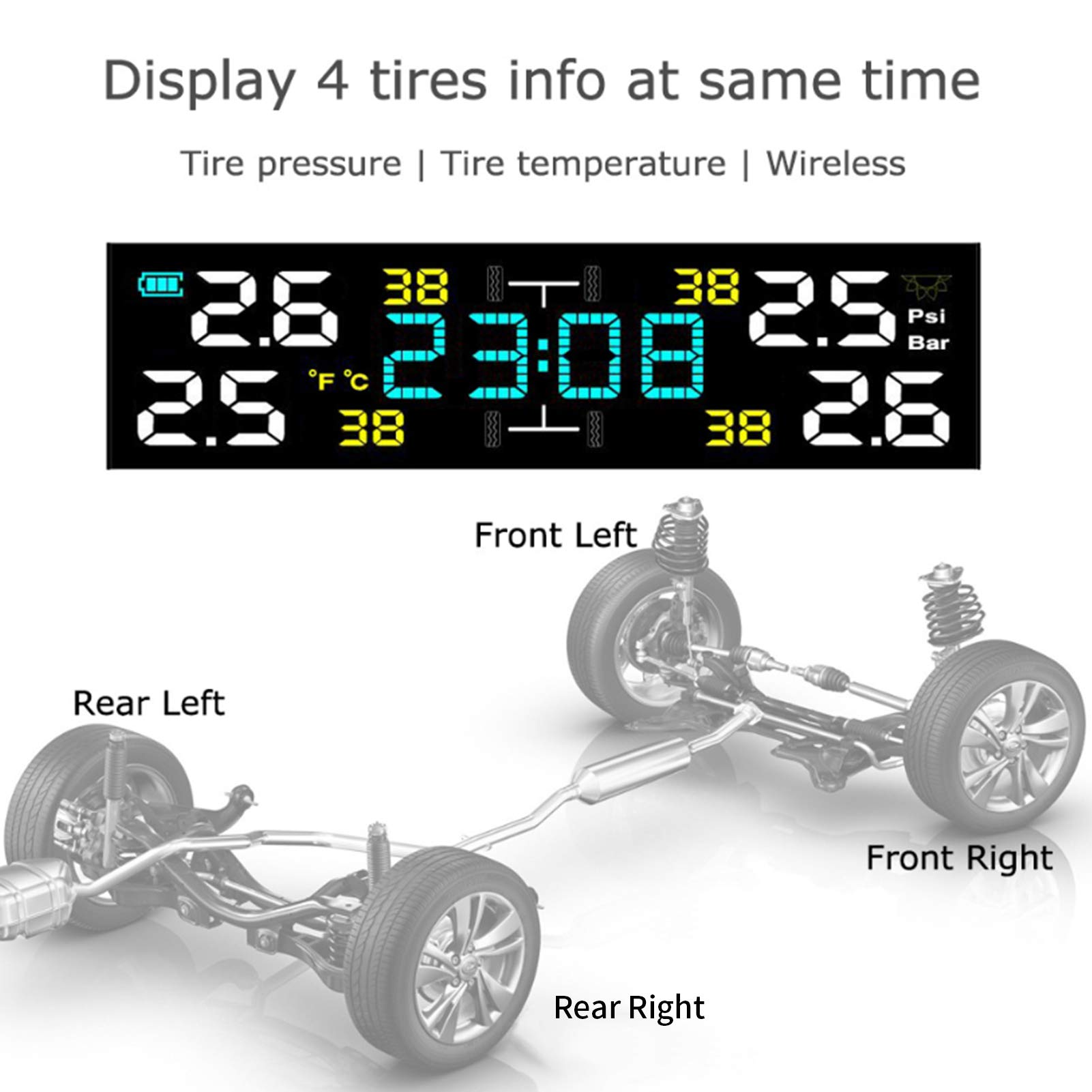Sistemas de monitoreo de presión de neumáticos Pantalla LCD de Carga Solar TPMS para automóvil con Reloj con Sensor Externo diseñado