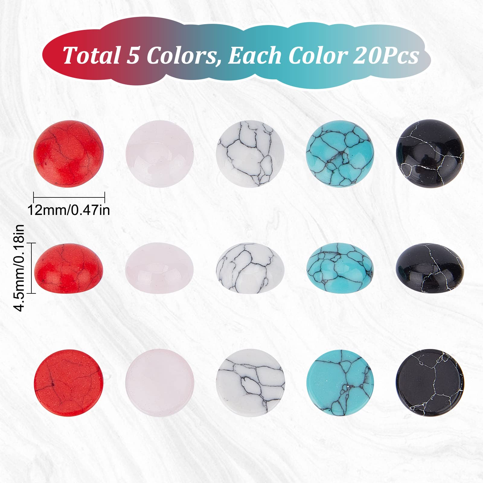 SUNNYCLUE 1Scatola 100pezzi 5 Stile 12mm Pietre Cabochon Pietre Preziose Cabochon Stones Perline Turchese Quarzo Rosa Semitondo Guarigione Chakra Energia per Creazione di Gioielli Donne Collana Fai-Da