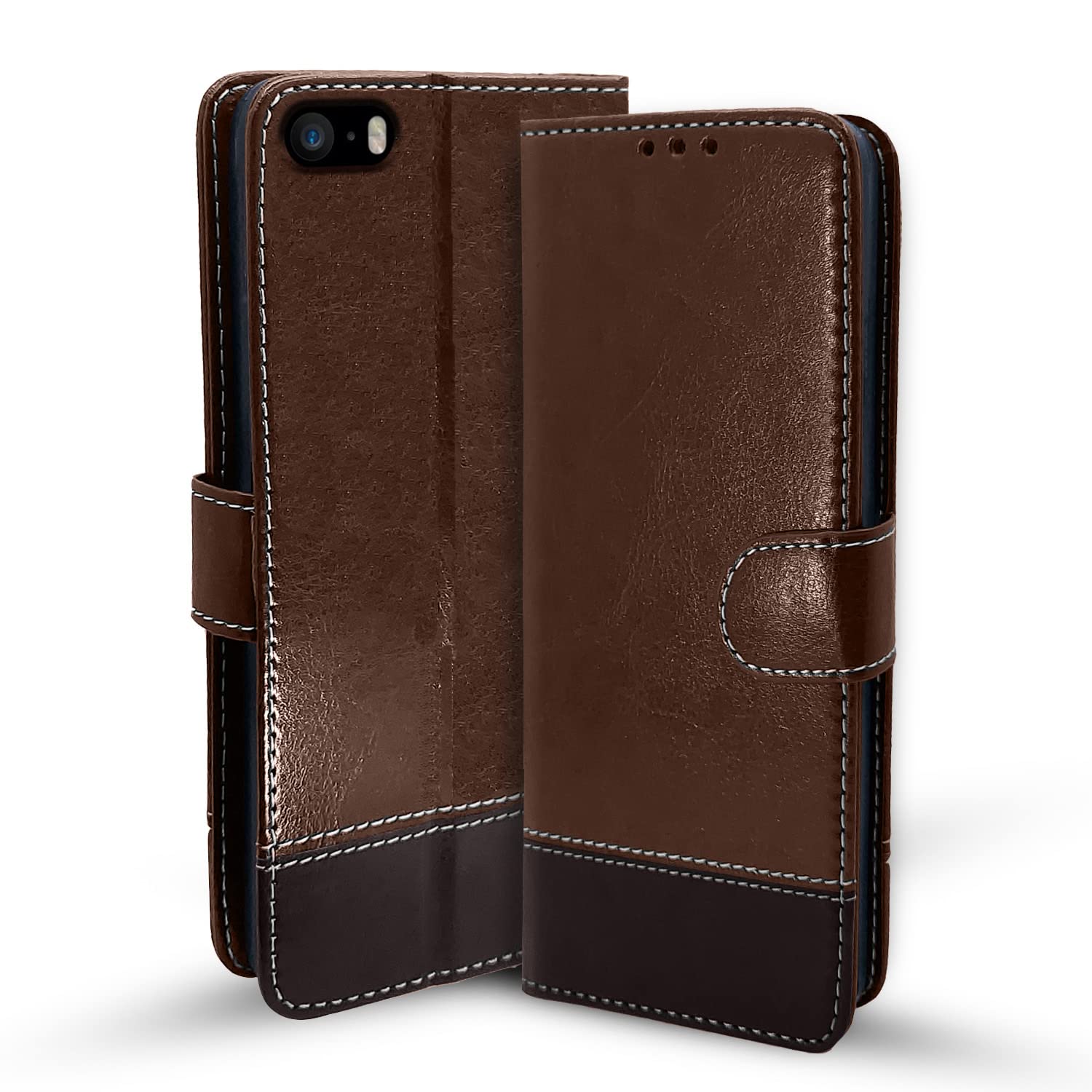 Pikkme Flip Cover | Dual-Tone PU Leather Finish | Wallet Style & Stand | Magnetic Flip Case for iPhone 5 / 5s / Se (Brown & Coffee)