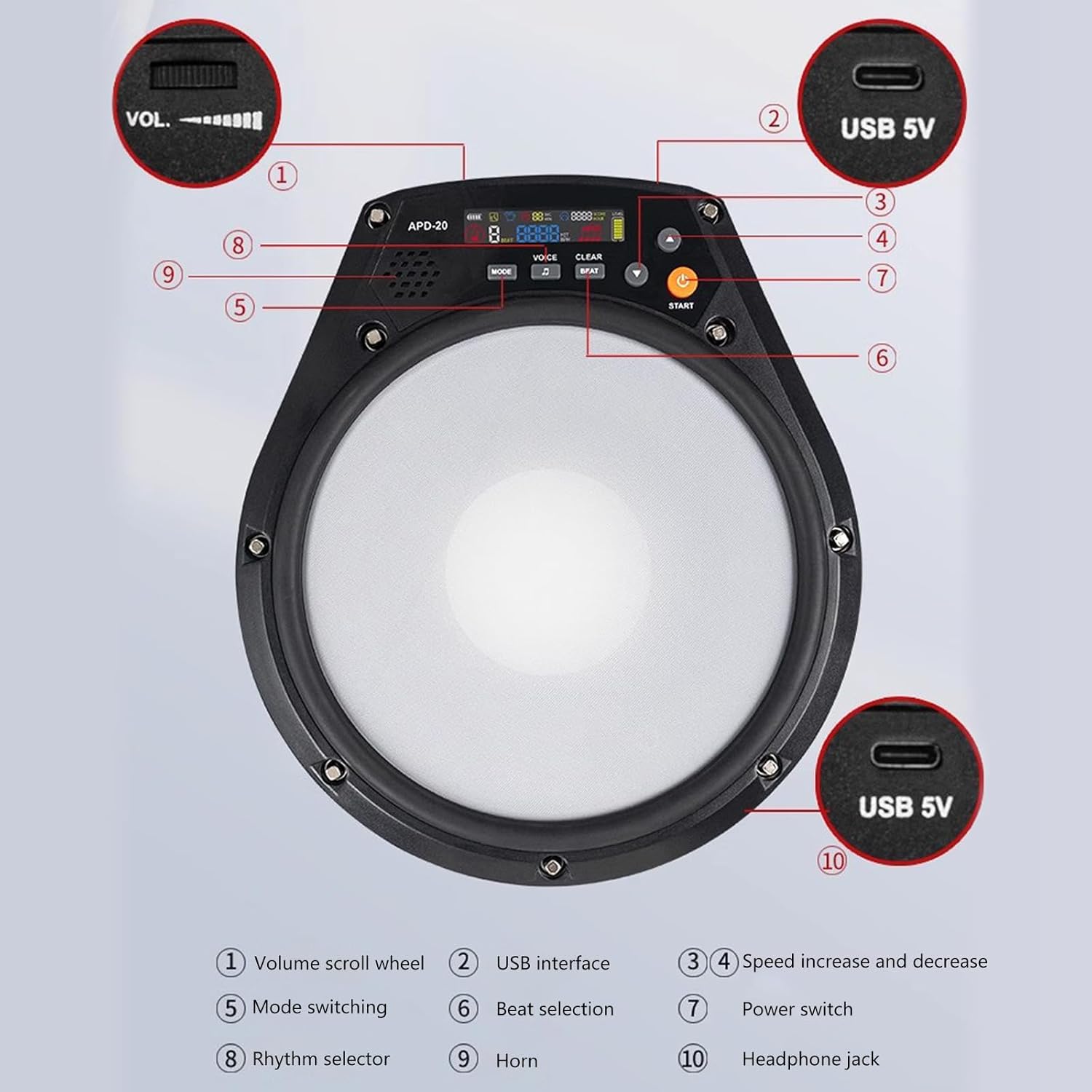 APD-20 Electronic Mute Drum Beating Board Electronic Drum Pad Vocal/Count/Speed Practice Modes Metronome Training Pad Drum pad Electronic Drum pad