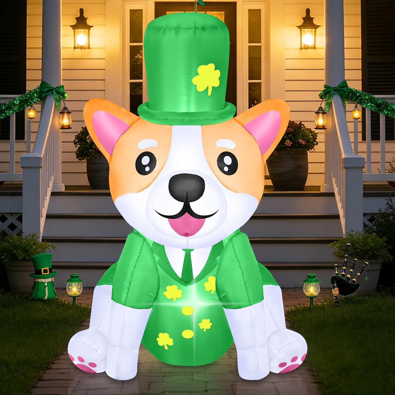 B&D 4FT St Patricks Day Inflatables Corgi Outdoor Decorations, Cute Inflatable Dog Dressed in Green Suit and Top Hat Built-in LED Lights Blow Up Yard Decorations for Holiday Part Indoor Garden Lawn