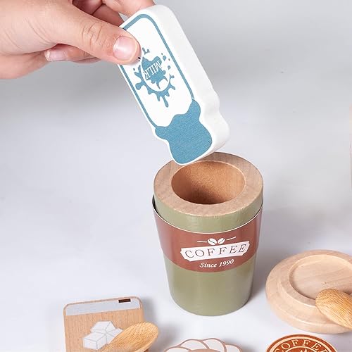 Miniatura 4 de Juego de café para niños, juguete Montessori de madera, accesorios de cocina con tazas de café, espresso y leche, juego de café para niños y niñas,