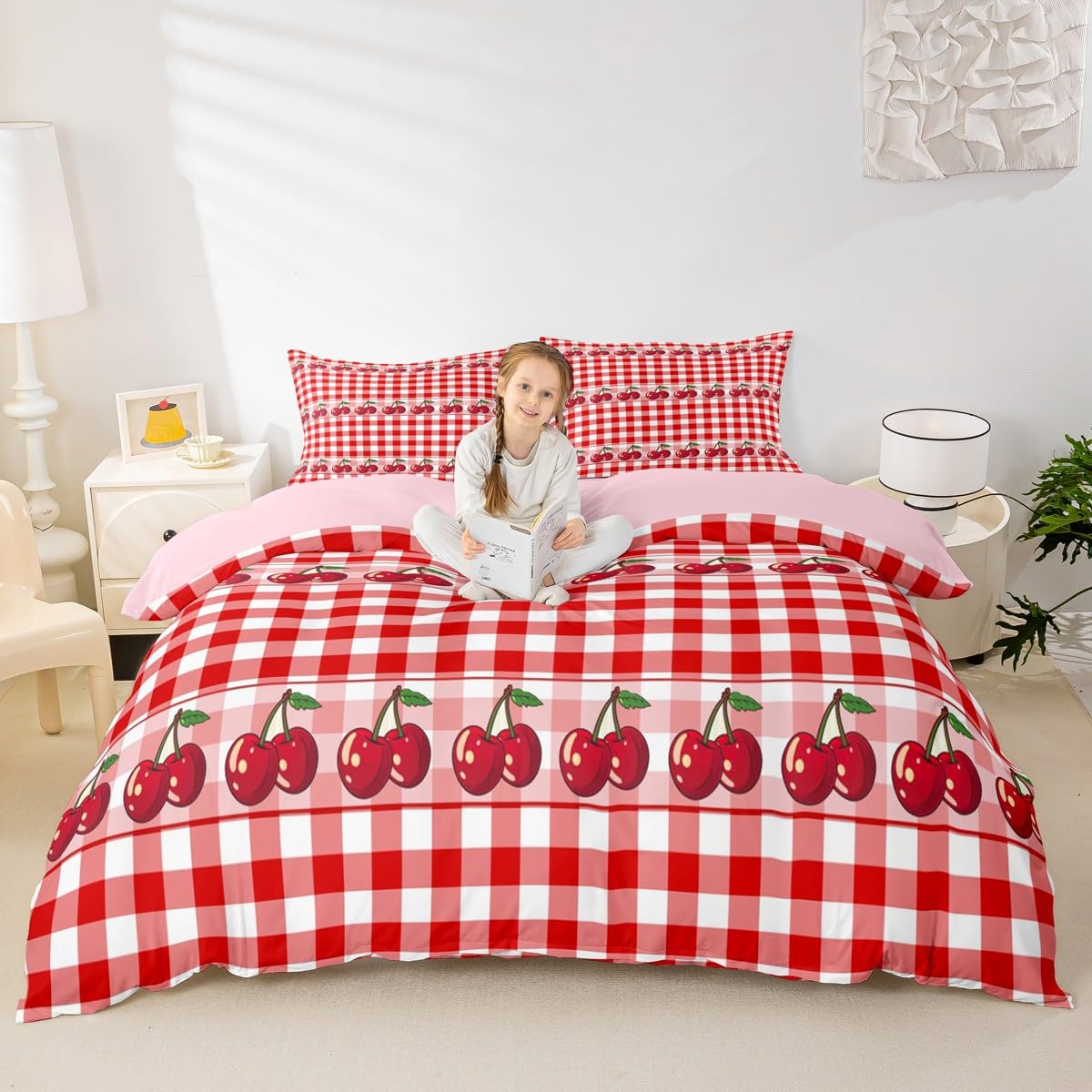 Housse de couette cerise rouge et blanc Manfei avec 2 taies d'oreiller pour lit enfant et adulte