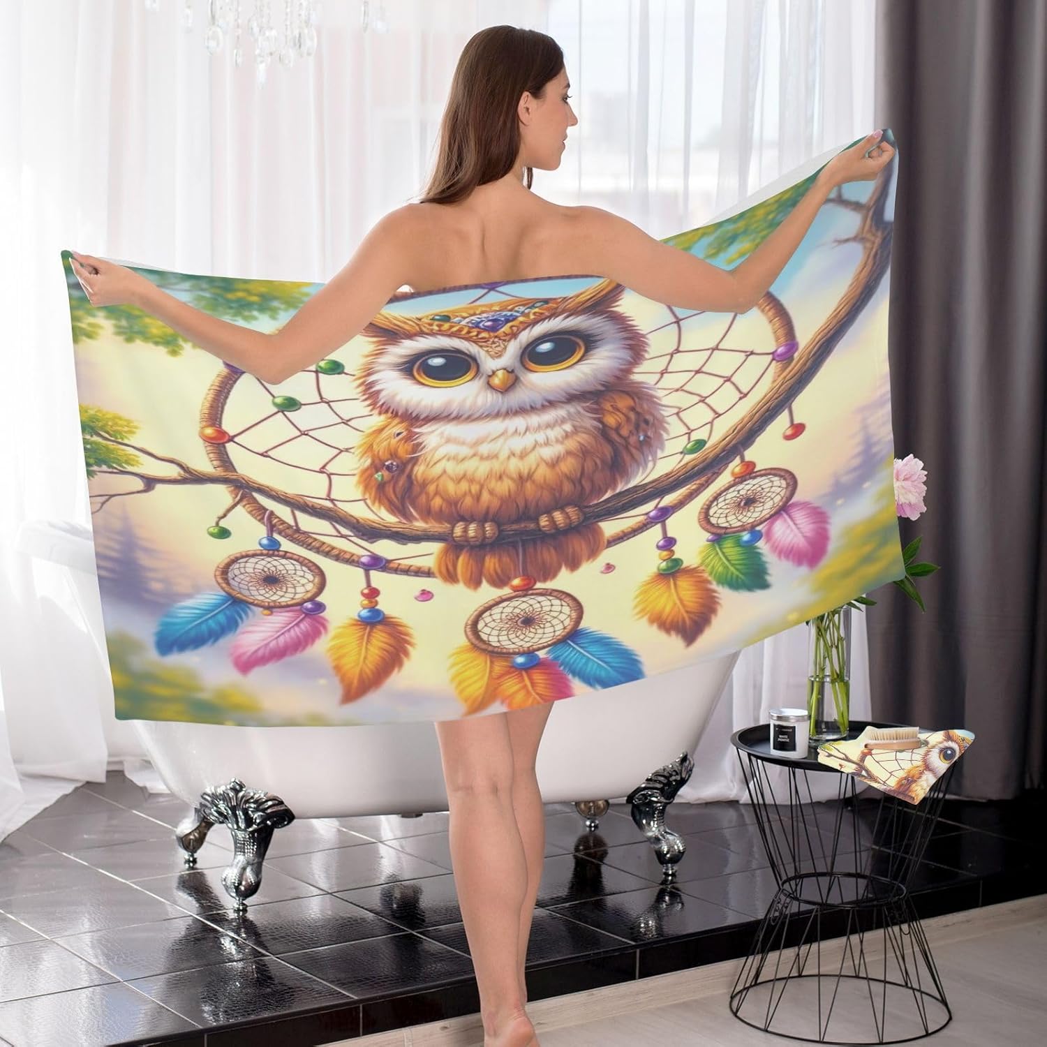 Hand Towels Premium Soft and Highly Absorbent Owl and Dreamcatcher 2 Pcs Towels for Bathroom Set 100% Cotton Decorative Face Towels