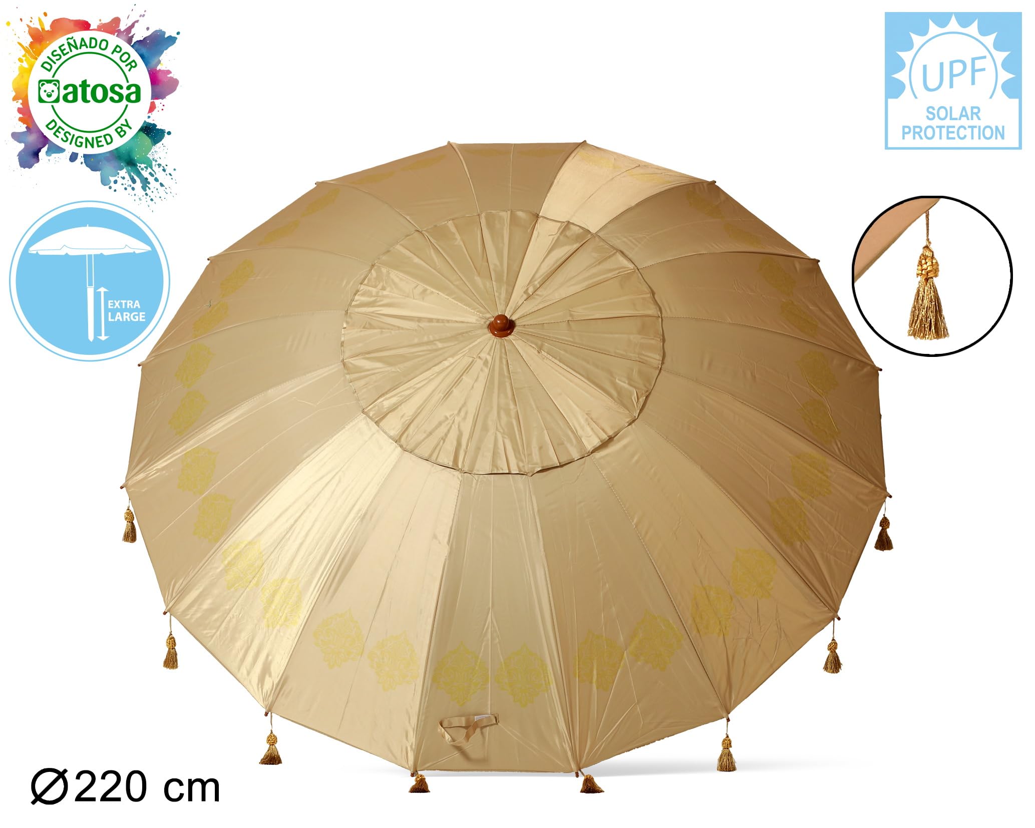 Atosa Strandschirm Ø 180 bis 240 cm aus Aluminium Orientalisches Modell mit Fransen mit LSF 50+, beige, 220 cm, Bohemien