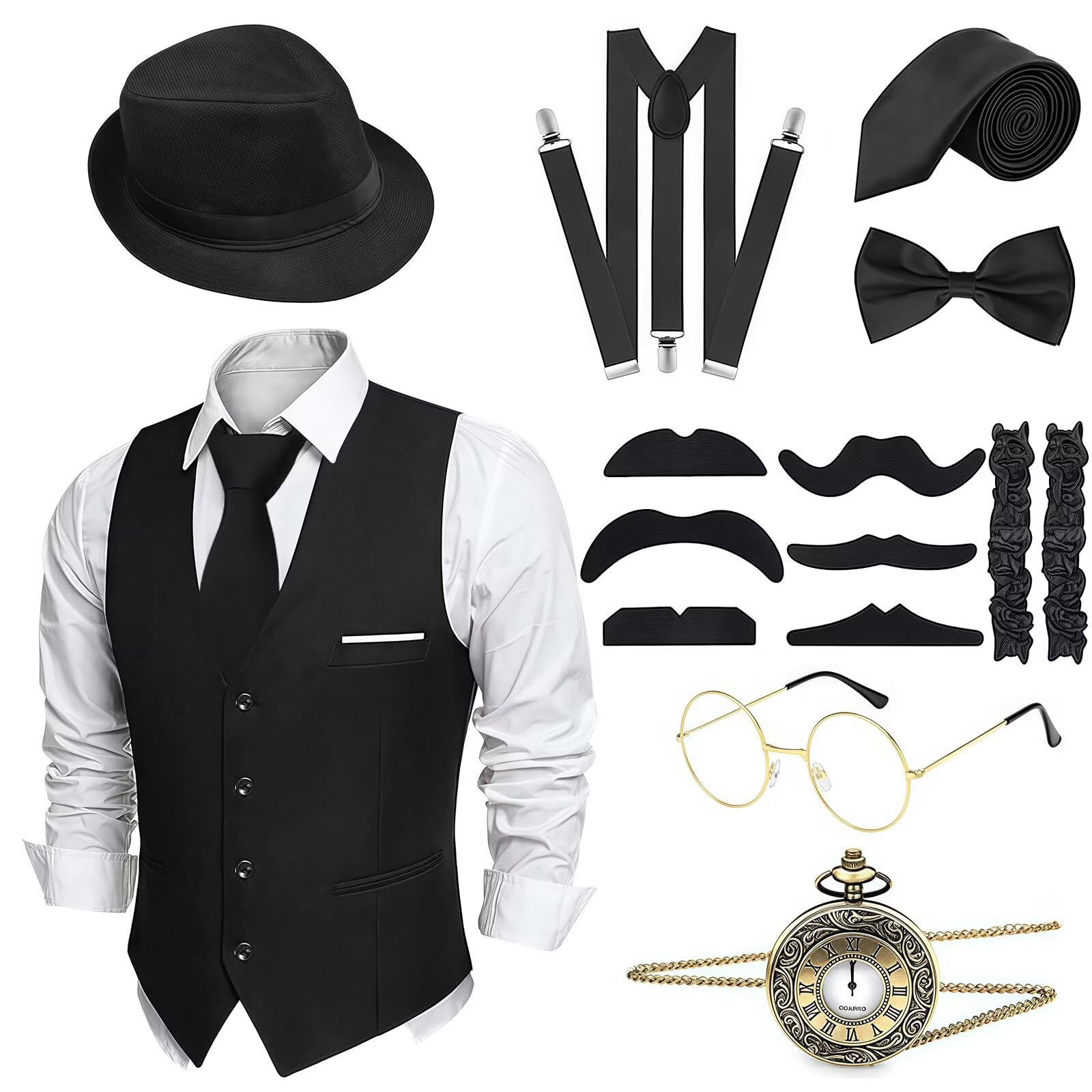 yecwkaz Accessory 20 Men's 1920s Costume Accessories Set including Waistcoats Tie Watch Costume Man 1920s for Carnival Halloween Cosplay Party