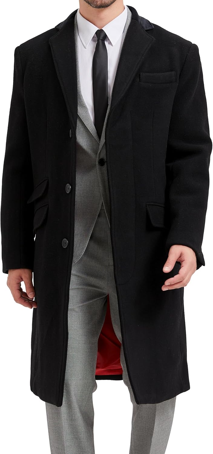 Mens Black Overcoat Wool & Cashmere Covert Warm Winter Mod Coat Velvet Collar & Red Satin Lining - Image 2
