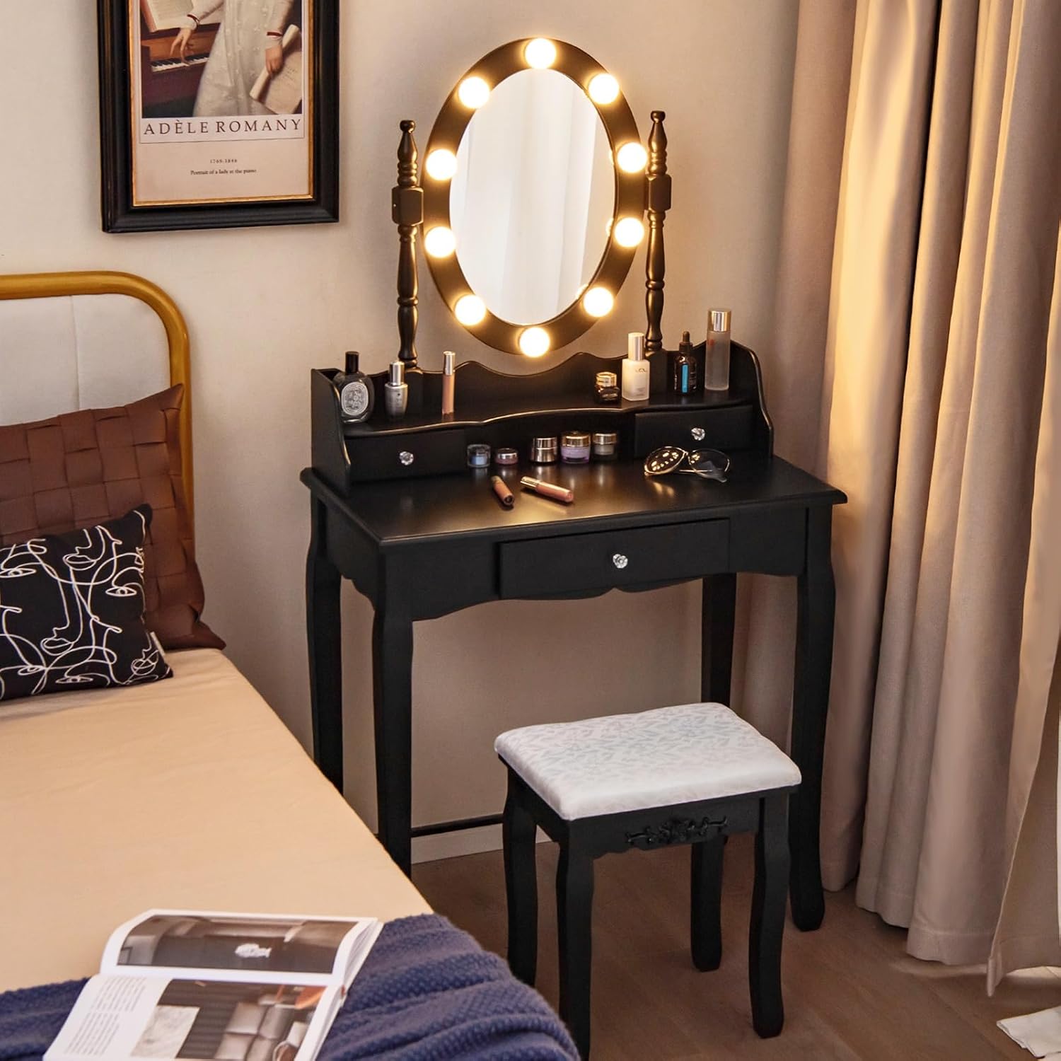 CHARMAID Vanity Set with Lighted Mirror, Makeup Table with 10 LED Dimmable Bulbs, 3 Lighting Sets, 3 Drawers, Bedroom Dressing Table Vanity Desk with Cushioned Stool for Women Girls (Black)