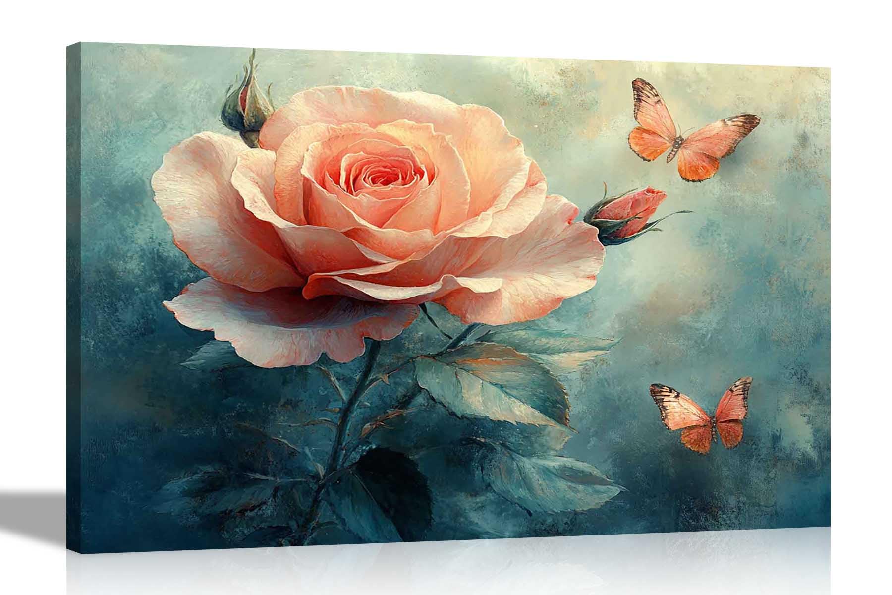 Artley Prints - Pink Blooming Rose Painting Canvas Wall Art Garden Decoration Home Office Bedroom Prints Pictures To Hang Extra Large 101 x 76cm (40 x 30 inches)