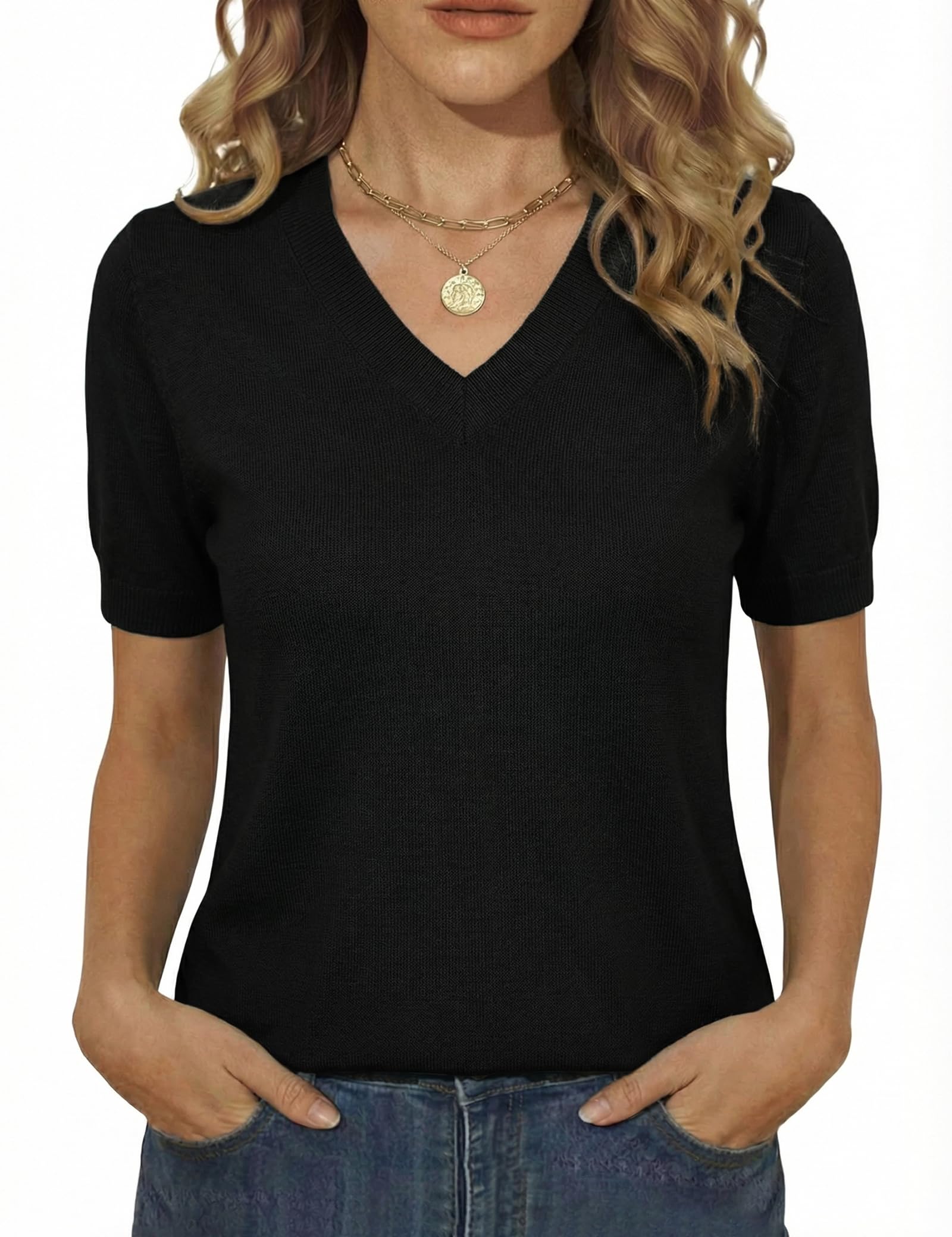 Totatuit Pullover Damen Kurzarm V Ausschnitt Winter Leicht Pulli Unterziehshirt Wolle Blended Strickpullover Damen Geeignet zum Alleintragen im Frühling und Sommer