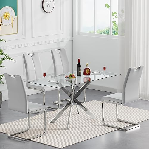 Juego de mesa de comedor de cristal plateado de 51 pulgadas para mesa y sillas de cocina de 4,5 piezas con patas de metal y 4 sillas de comedor de