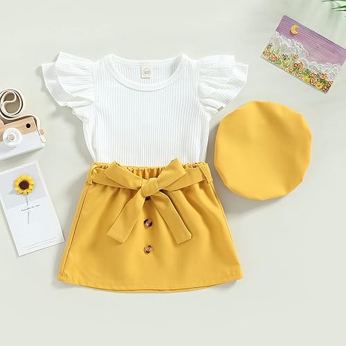 Miniatura 2 de Ayalinggo Conjunto de ropa para niños y niñas pequeñas, con volantes, manga acanalada, camiseta acanalada, falda acampanada, cinturón, sombrero,