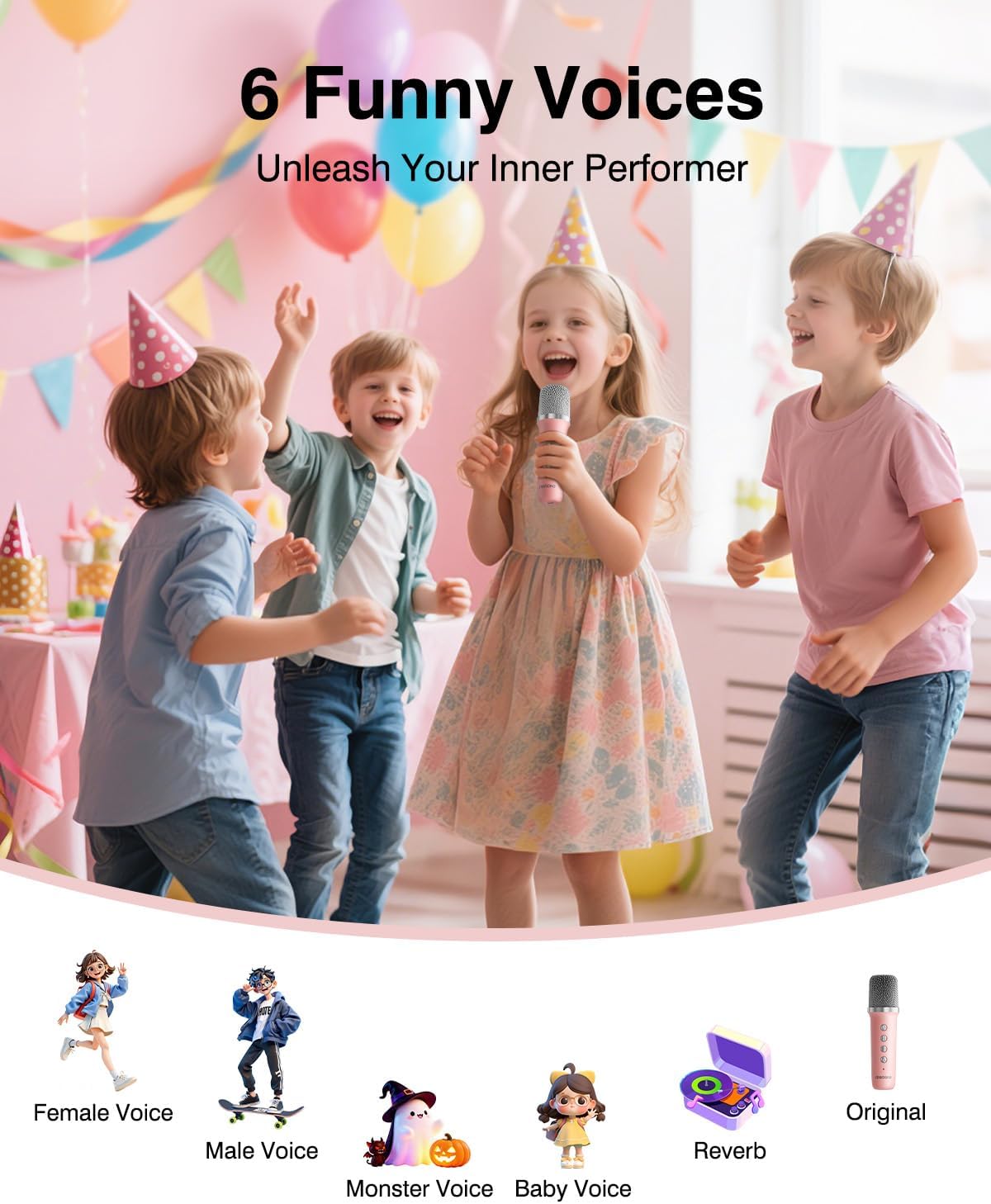 Karaoke Machine with Disco LED Lights for Kids Adults, Mini Portable Bluetooth Speaker with 2 Wireless Microphones, Easter Birthday Gifts for Girls Family Party Basket Stuffers (Pink)