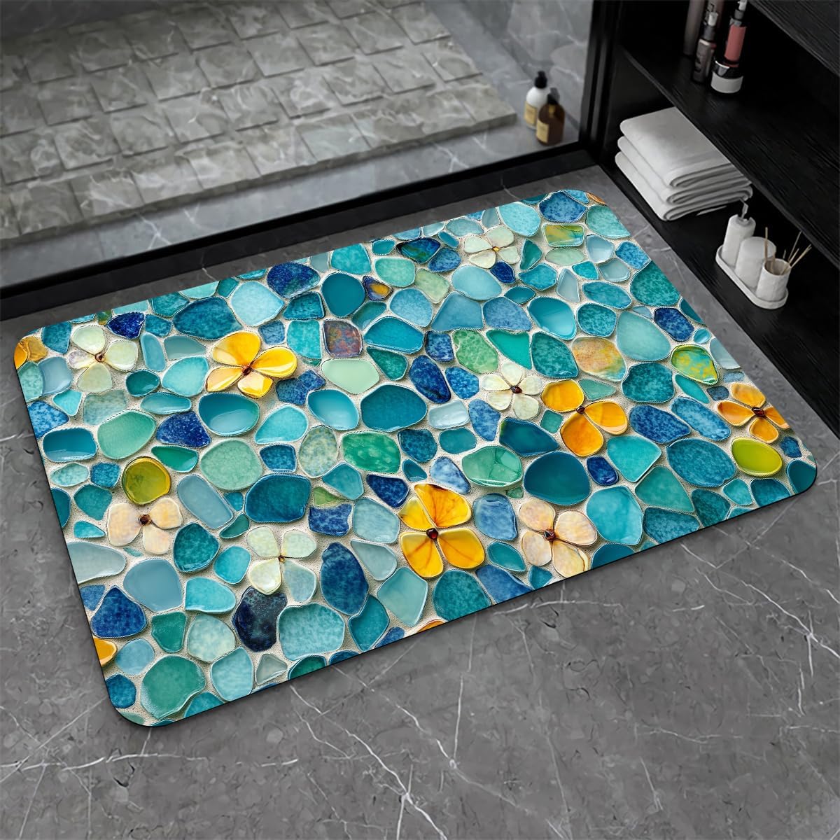 Bathroom Rugs Rubber Backing, Mosaic Glass Mat, Non-Slip Kitchen Rugs, Quick Dry Bath Mat Kitchen Mat Home Decor Rug for Bedroom Kitchen Entryway Bathroom (27.5"x17", Mosaic Glass)