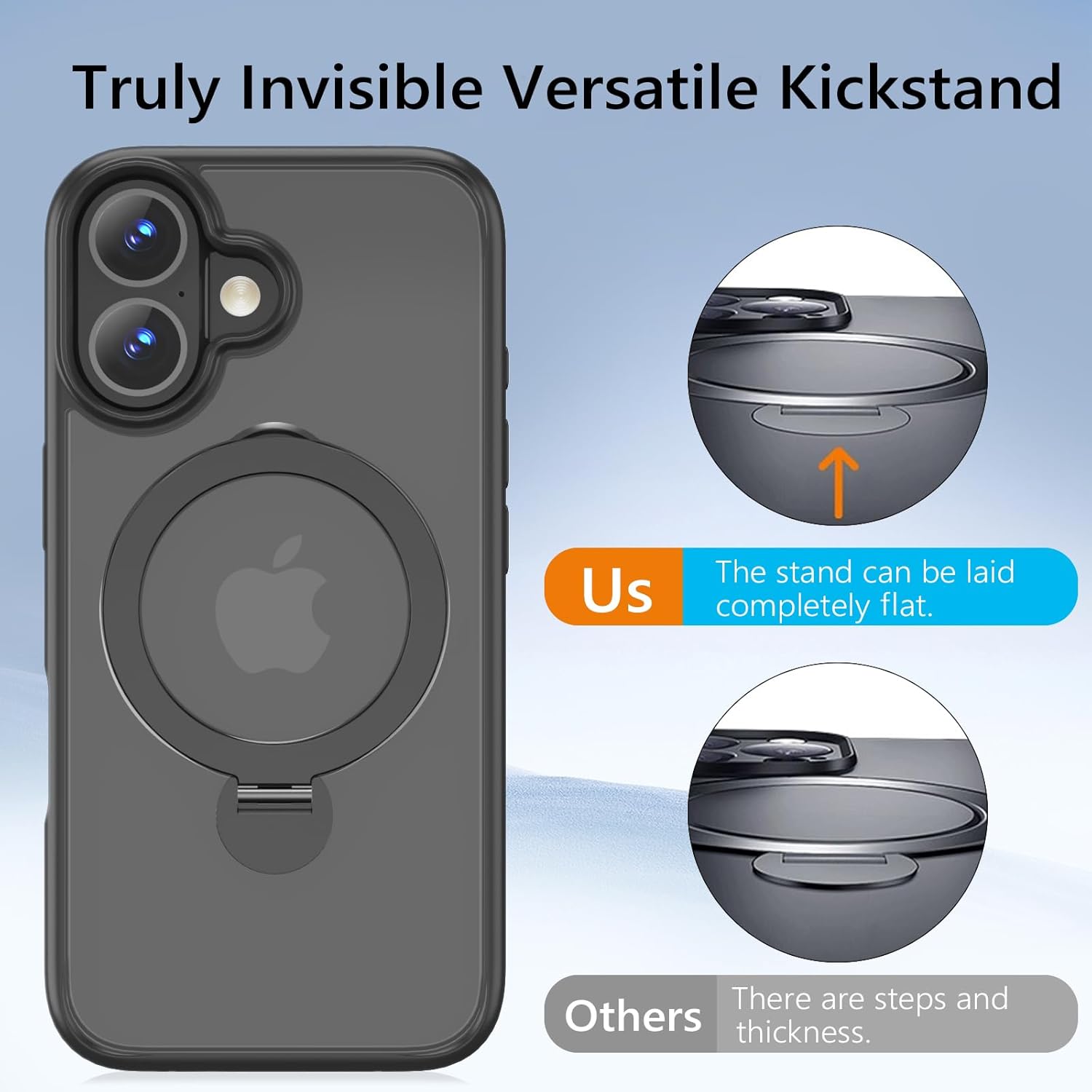 Upgraded 360° Rotatable Magnetic Ring Stand for iPhone 16 Case 6.1'',Military Drop Protection,Compatible with MagSafe,Matte Translucent Case for iPhone 16 Phone Case,Black