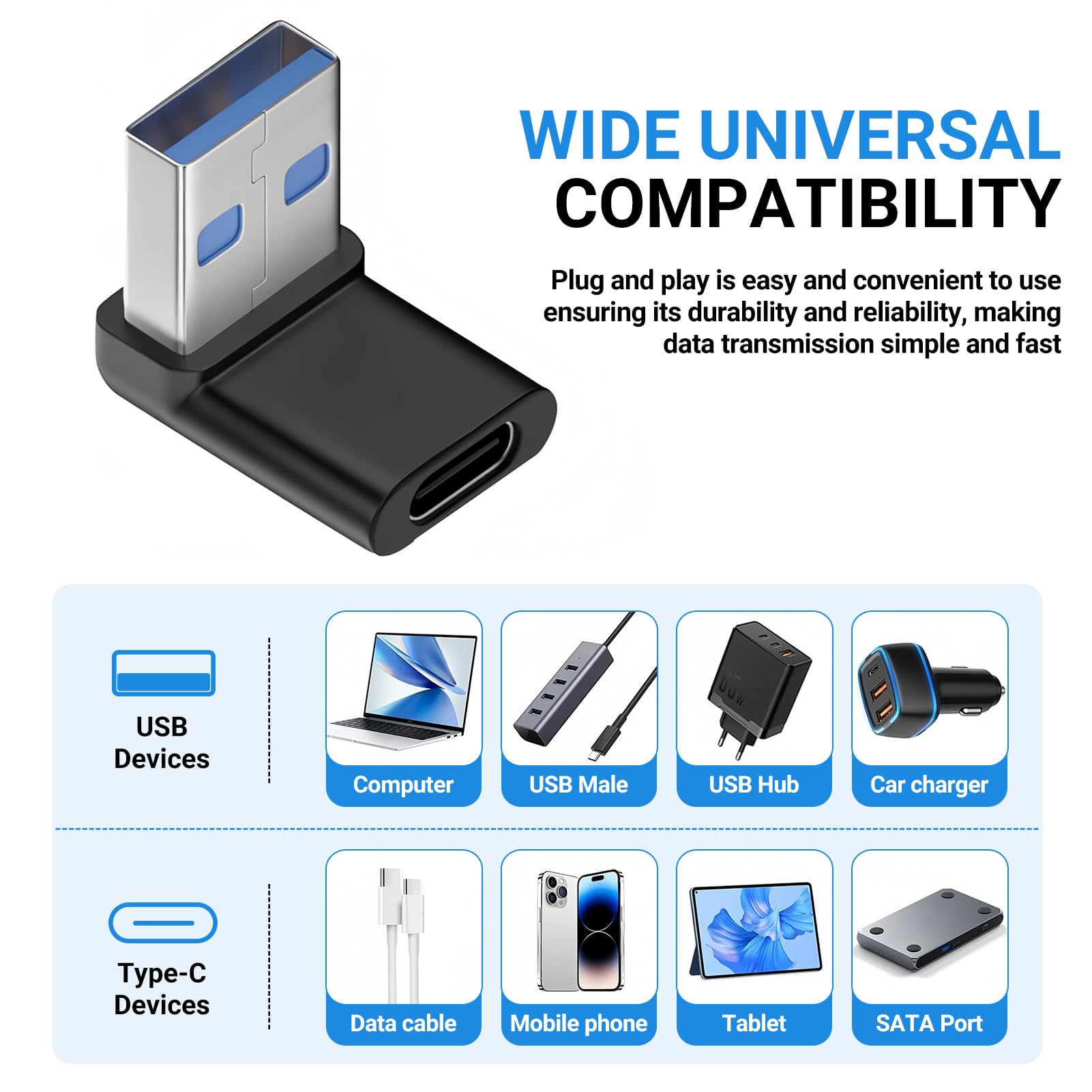 2 adaptery USB C na USB 3.0, adapter USB 90 stopni, wtyczka kątowa US-B 90 stopni, kątowa wtyczka kątowa US B do OTG, ładowania i przesyłania danych, kompatybilne ze smartfonami, laptopami
