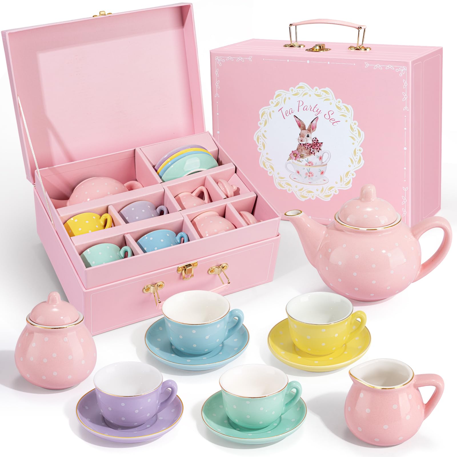 Porcelain Tea Set for Toddlers, Tea Party Set for Little Girls, Kids Tea Set Kitchen Pretend Play, Princess Tea Time Playset with Teapot Cups Carry Case, Toddler Girl Toys Birthday Gifts Age 3+