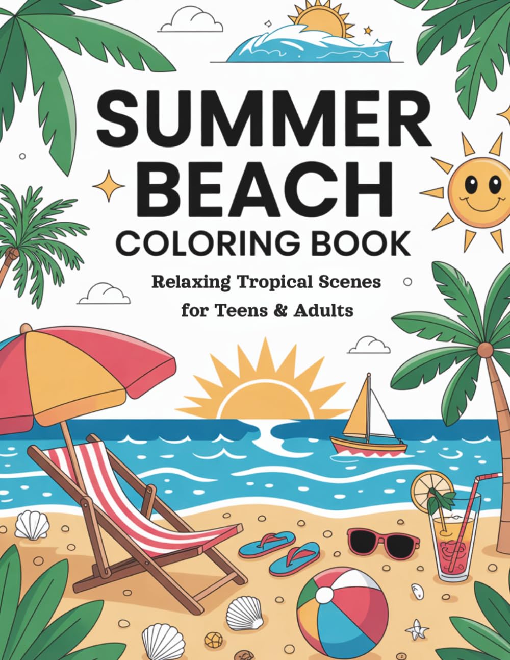 Summer Beach Coloring Book: Relaxing Tropical Scenes for Teens & Adults | 50 Beautiful Beach Designs with Black Back Pages for Stress Relief and Summer Relaxation