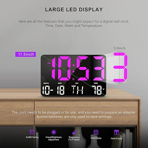 Miniatura 2 de Reloj digital, reloj de pared digital con control remoto, reloj LED con pantalla grande con fecha, semana, temperatura para decoración de sala de
