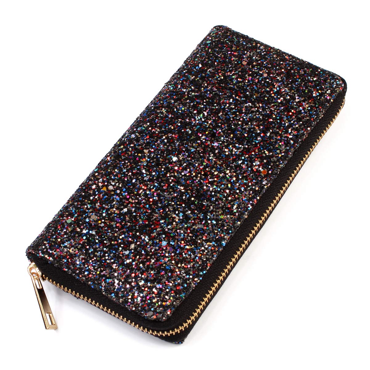 RIAH FASHION Rainbow Glitter Zip Around Wallet - Sparkly Confetti Single Zipper Clutch Purse with Card Slots (Rainbow - Black)