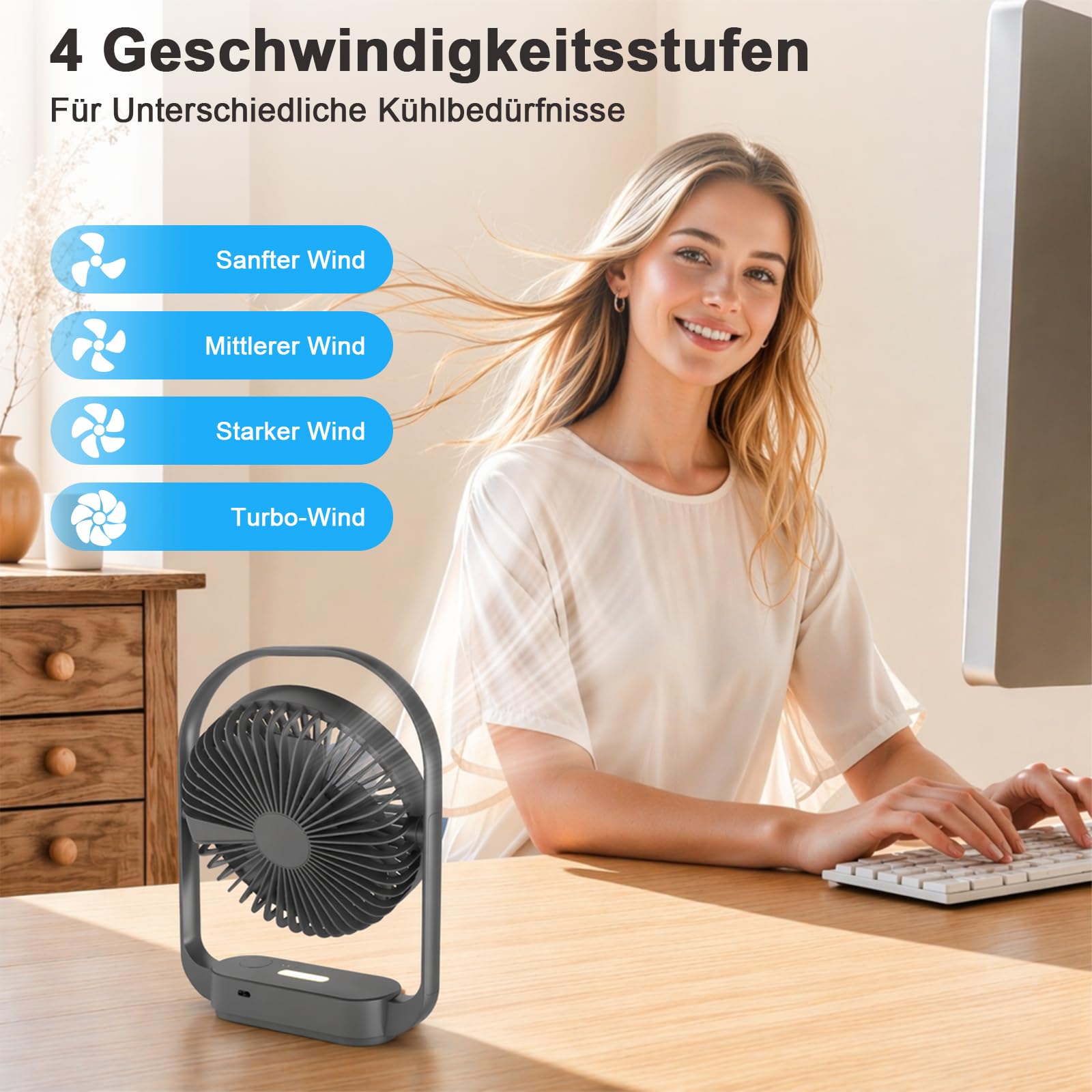 SURFOU Wentylator Stołowy 4000mAh, Bezprzewodowy, z 4 Prędkościami i 2 Trybami Lampki Nocnej, Ładowanie USB-C, Do 20 Godzin Pracy, do Sypialni, Stolika Nocnego, Biura i Podróży, Czarny