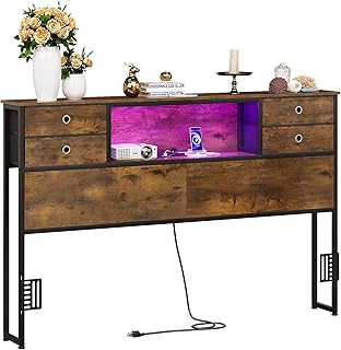 GiftGo Queen Size Headboard with 4 Fabric Storage Drawers Charging Station LED Light Adjustable Height Storage Rack Sturdy and Stable Metal Frame & Wood Shelf (Rustic Brown, Queen (U.S. Standard))