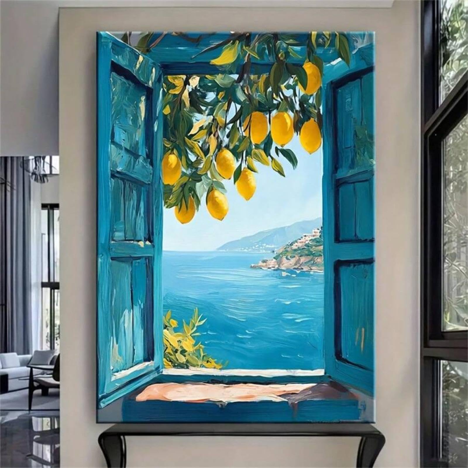 XBTYKPB Cuadros de pared con vistas al Mediterráneo, impresiones de limoneros costeros, lienzos, pósteres costeros, estética azul, 21 x 30 cm, con marco