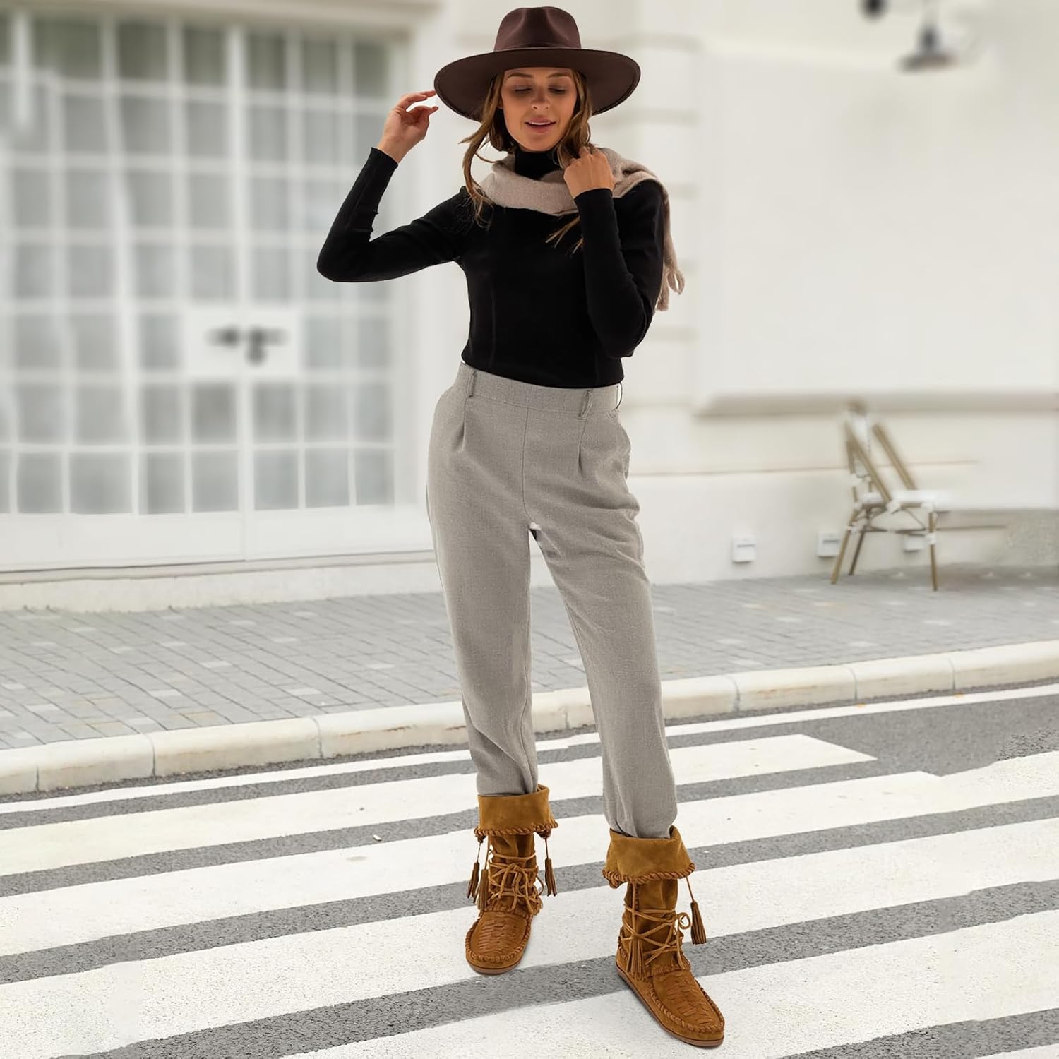 Slouchy Suede Boots with Woven Fold Over Boot Western Booties with Whipstitched Tassels Casual Ankle Boots Flat for Women Fall Winter
