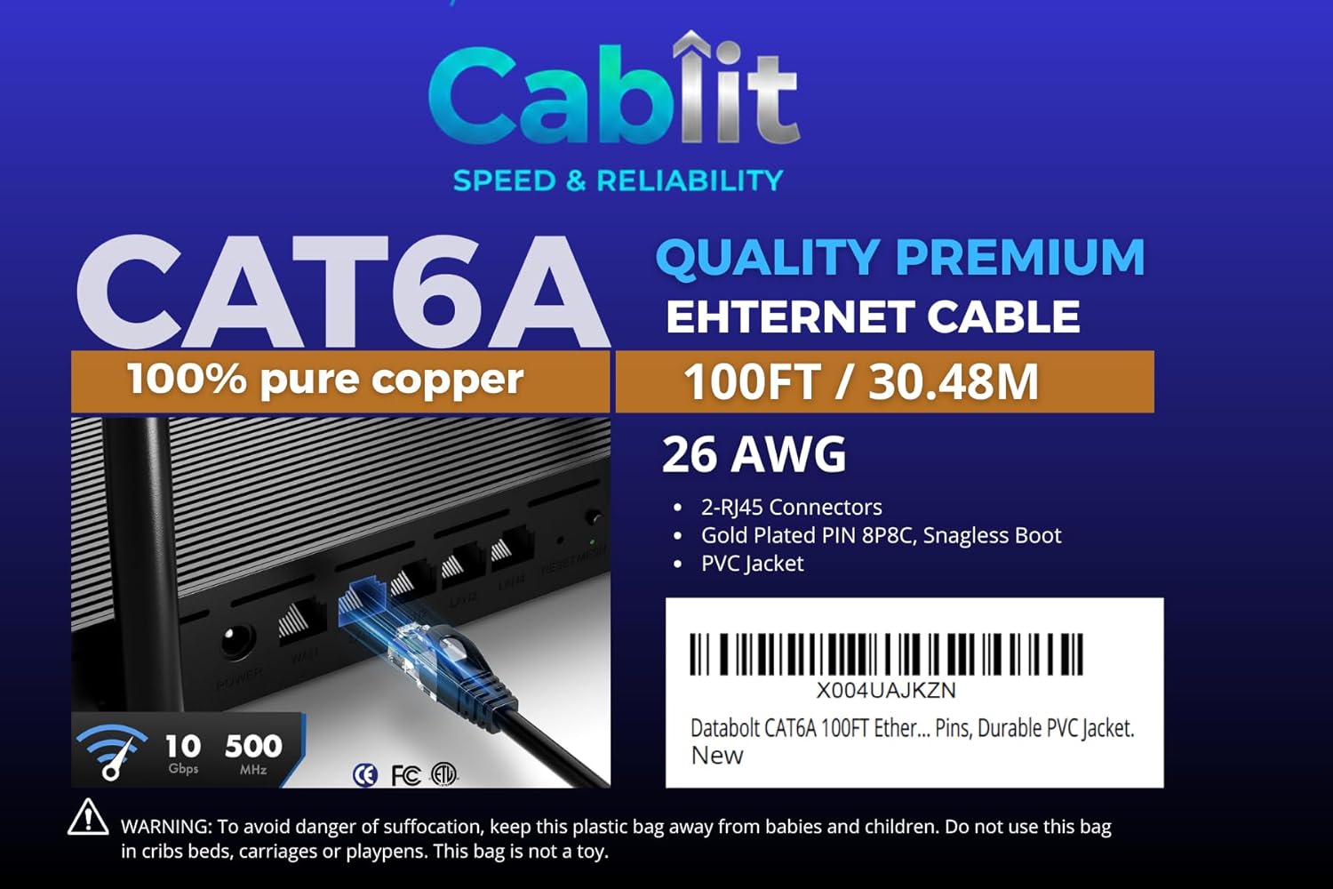 CABLIT Cat6A Ethernet Cable 100ft – 10Gbps 26AWG Bare Copper UTP, 550MHz High-Speed LAN Network Patch Cord, Snagless RJ45 Gold-Plated Connectors, Black