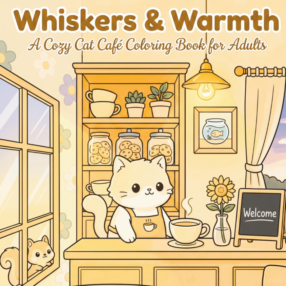 Whiskers & Warmth: A Cozy Cat Café Coloring Book: Find Peace in Every Page with the Café's Fluffy Feline Owner