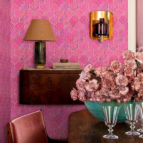 Miniatura 6 de MuralPeel Papel tapiz de mosaico de Krystal rosa y dorado moderno, autoadhesivo, extraíble, fácil de despegar en papel de pared para dormitorio,