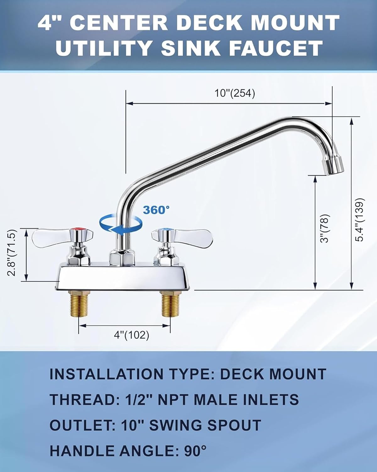 Utility Laundry Sink Faucet 10" Swivel Spout,Laundry Faucets 4 Inch Centerest, Deck Mount Laundry Tub Faucet,Brass Construction Chrome Polished, for Laundry Room, Bar, Garden Tub,Garage,RV - Image 2