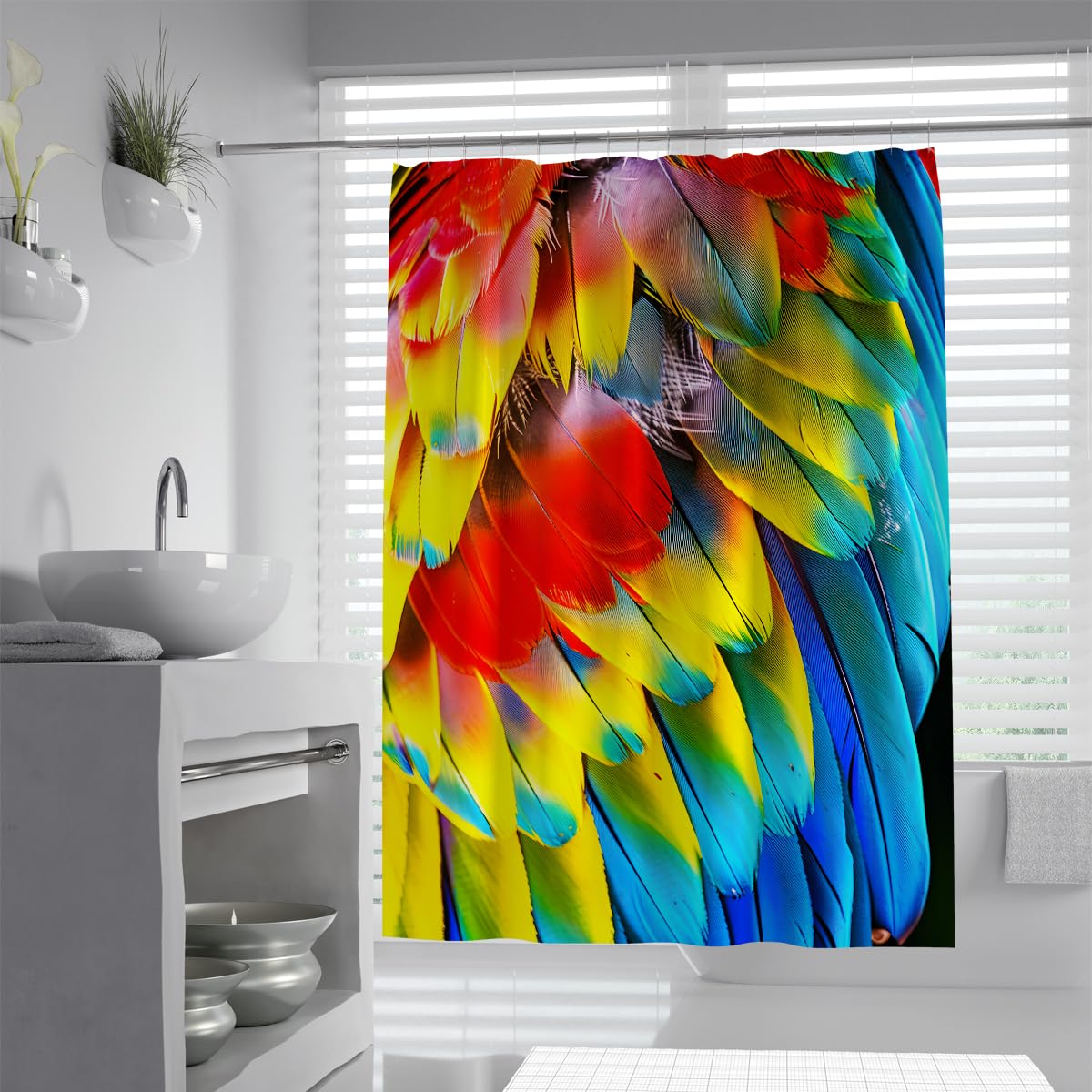 Rideau de douche salle de bain ailes plumes colorées déco W180xL180 cm
