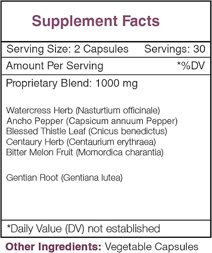 Miniatura 3 de Secrets of the Tribe Herbal Munchies 60 cápsulas, 1000 mg, berros, cayena, genciana, cardo bendito, centauro, melón amargo. Fórmula de apetito