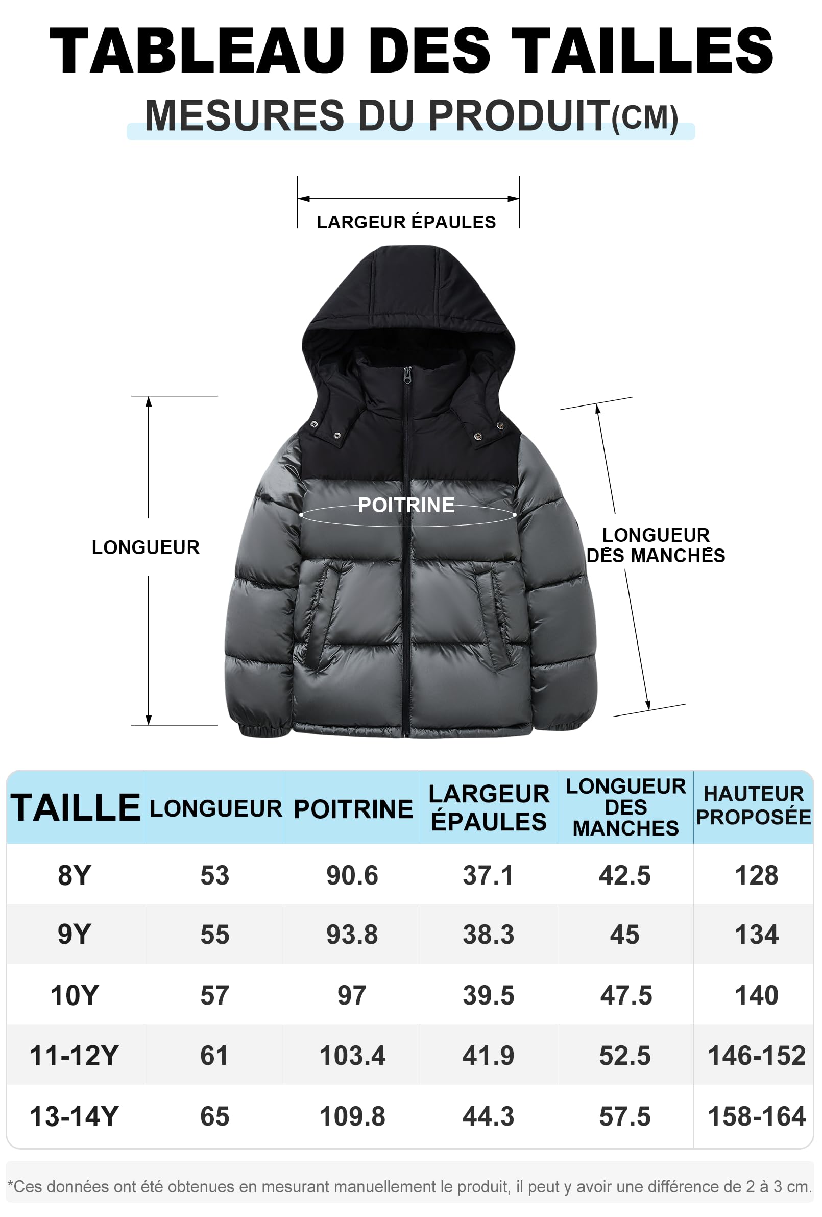 SOLOCOTE Manteau d'hiver pour garçons Résistant à l'eau à Capuche Matelassé Épais Brillant Vêtement d'extérieur Veste d'hiver pour enfants