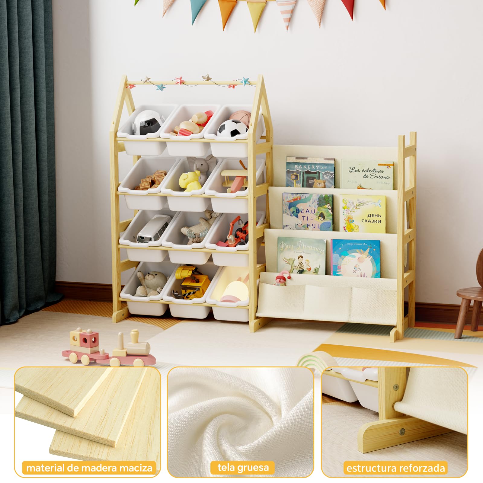 4 Niveles Organizador Juguetes Libreria Infantil Madera, con 12 Caja Almacenaje Juguetes, Mueble Juguetes Estanteria Libros Infantil Montessori, para Dormitorio, Habitación Niños, Sala Juego